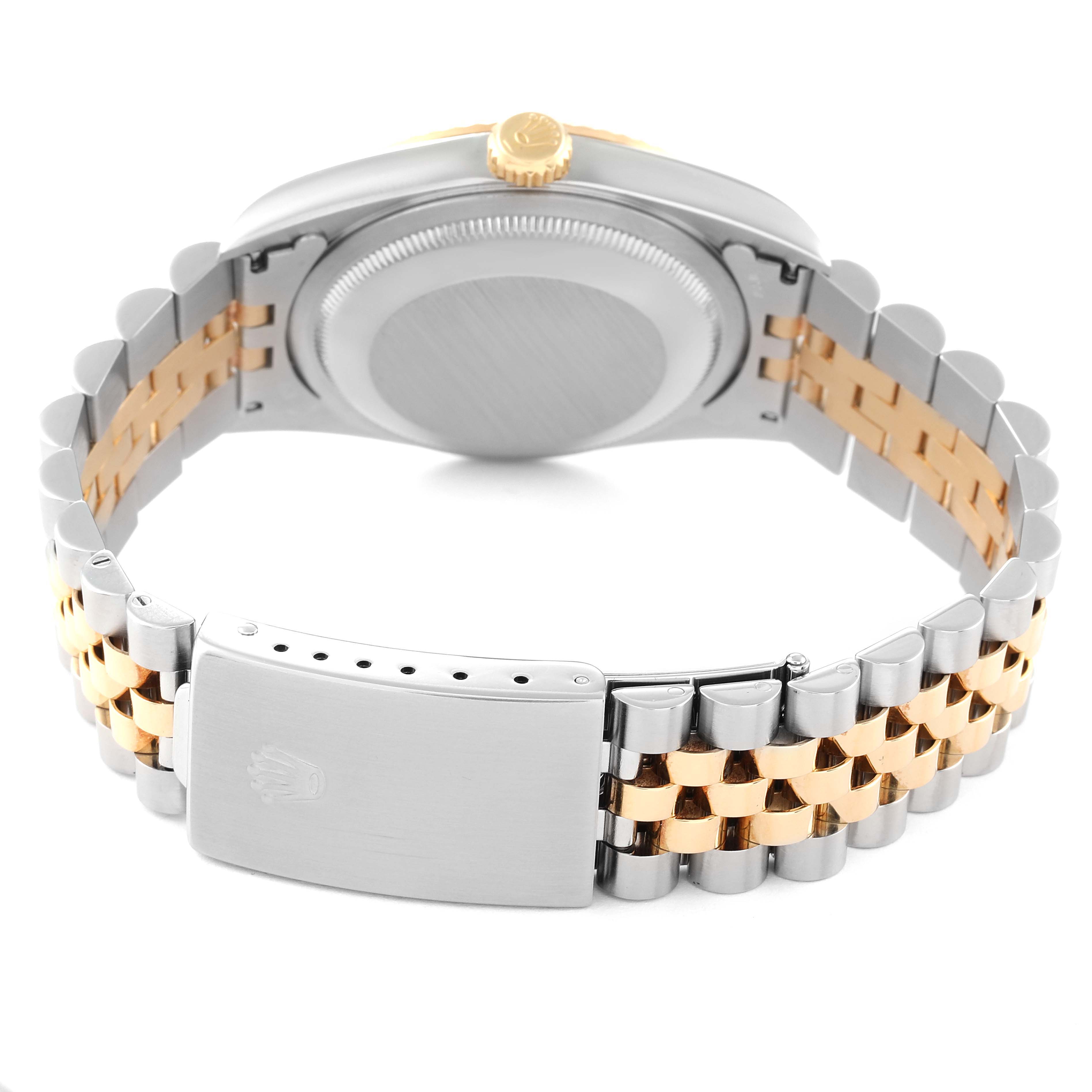 This image shows the back of the Rolex Datejust 16233 Men's Steel and Gold (two tone) Blue Dial 16233 Men's Steel and Gold (two tone) Blue Dial watch, focusing on the case back, crown, and two-tone jubilee bracelet with clasp.