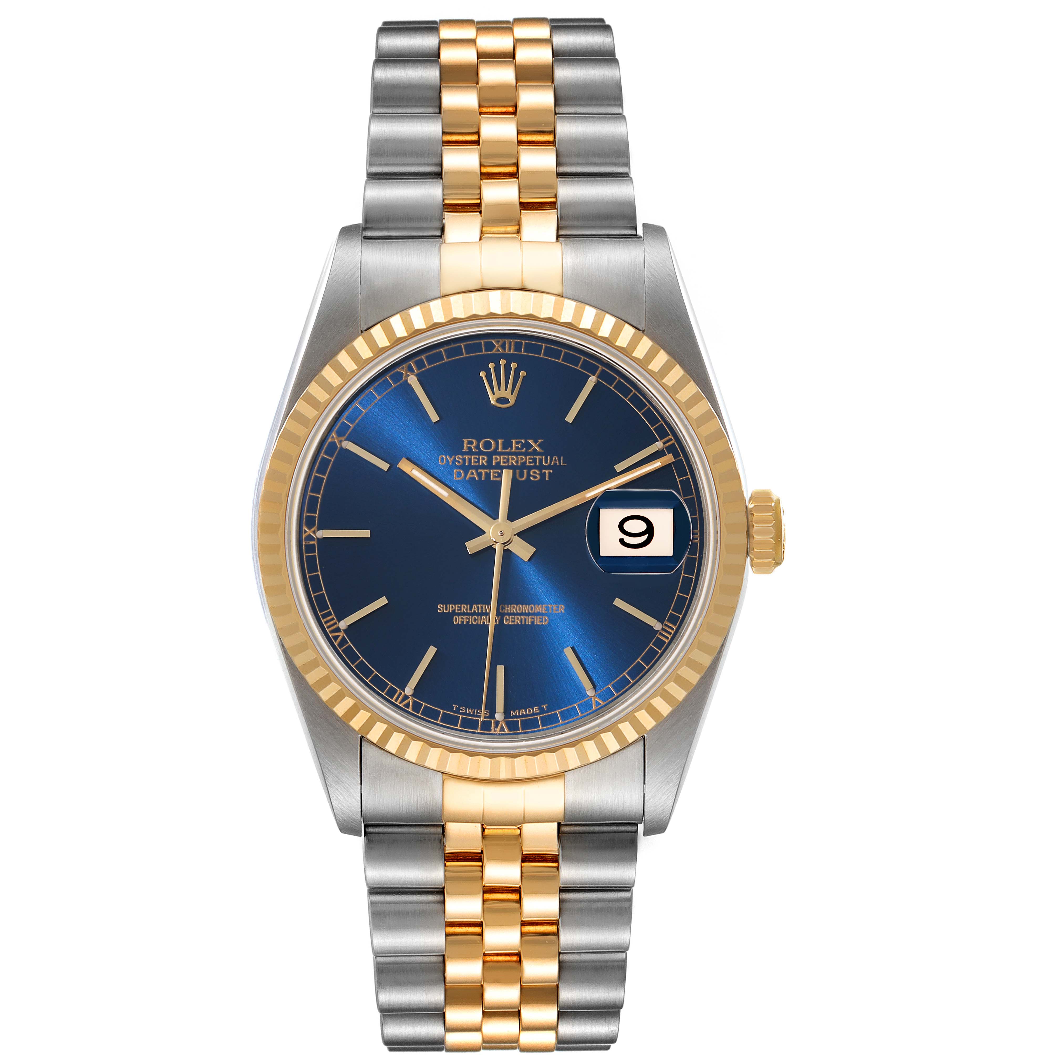 This image shows the front view of a Rolex Datejust 16233 Men's Steel and Gold (two tone) Blue Dial 16233 Men's Steel and Gold (two tone) Blue Dial watch, highlighting the blue dial, gold bezel, and two-tone bracelet.