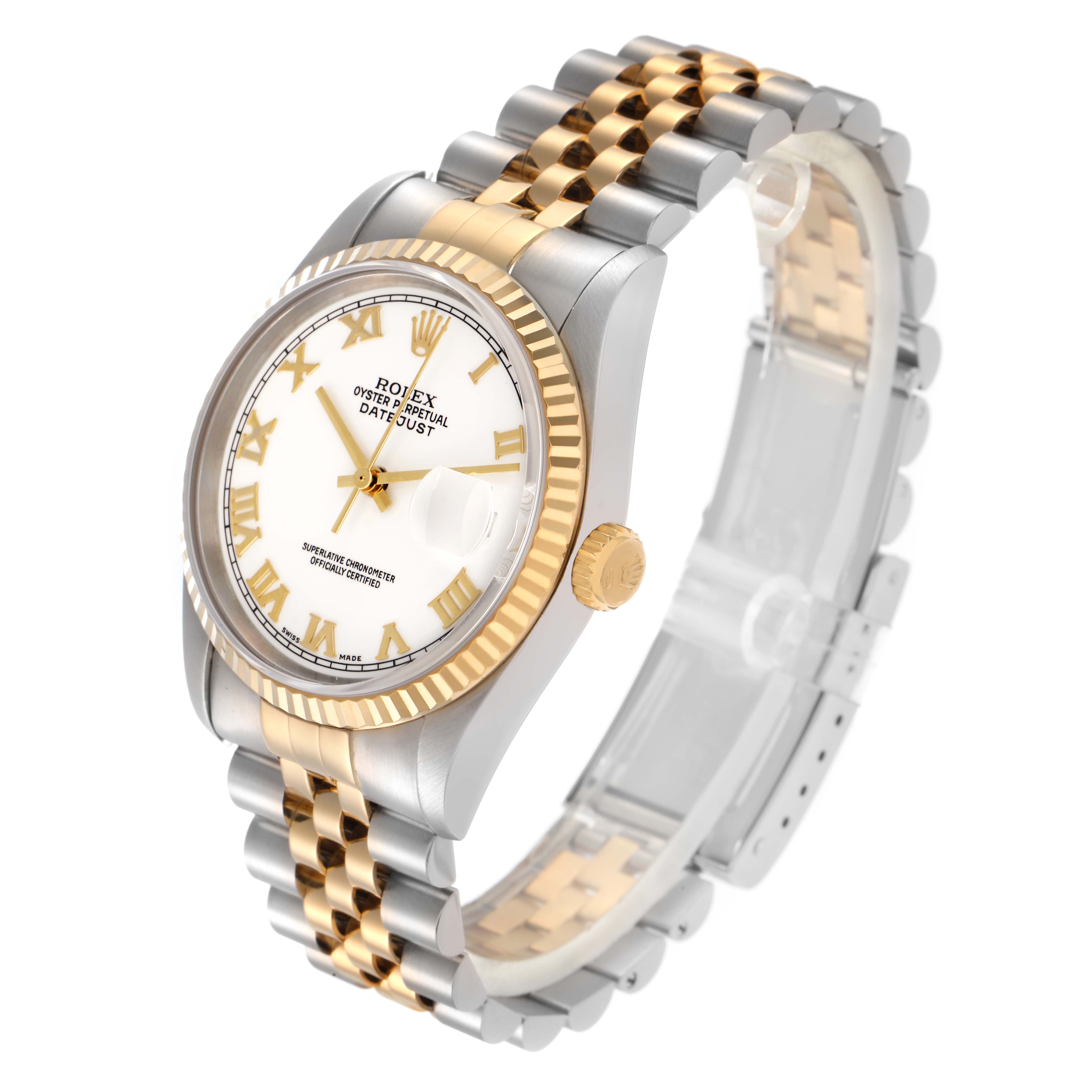 The Rolex Datejust 16233 Men
s Steel and Gold (two tone) White Dial 16233 Men
s Steel and Gold (two tone) White Dial watch is shown at a slight angle displaying the dial, fluted bezel, crown, and Jubilee bracelet.