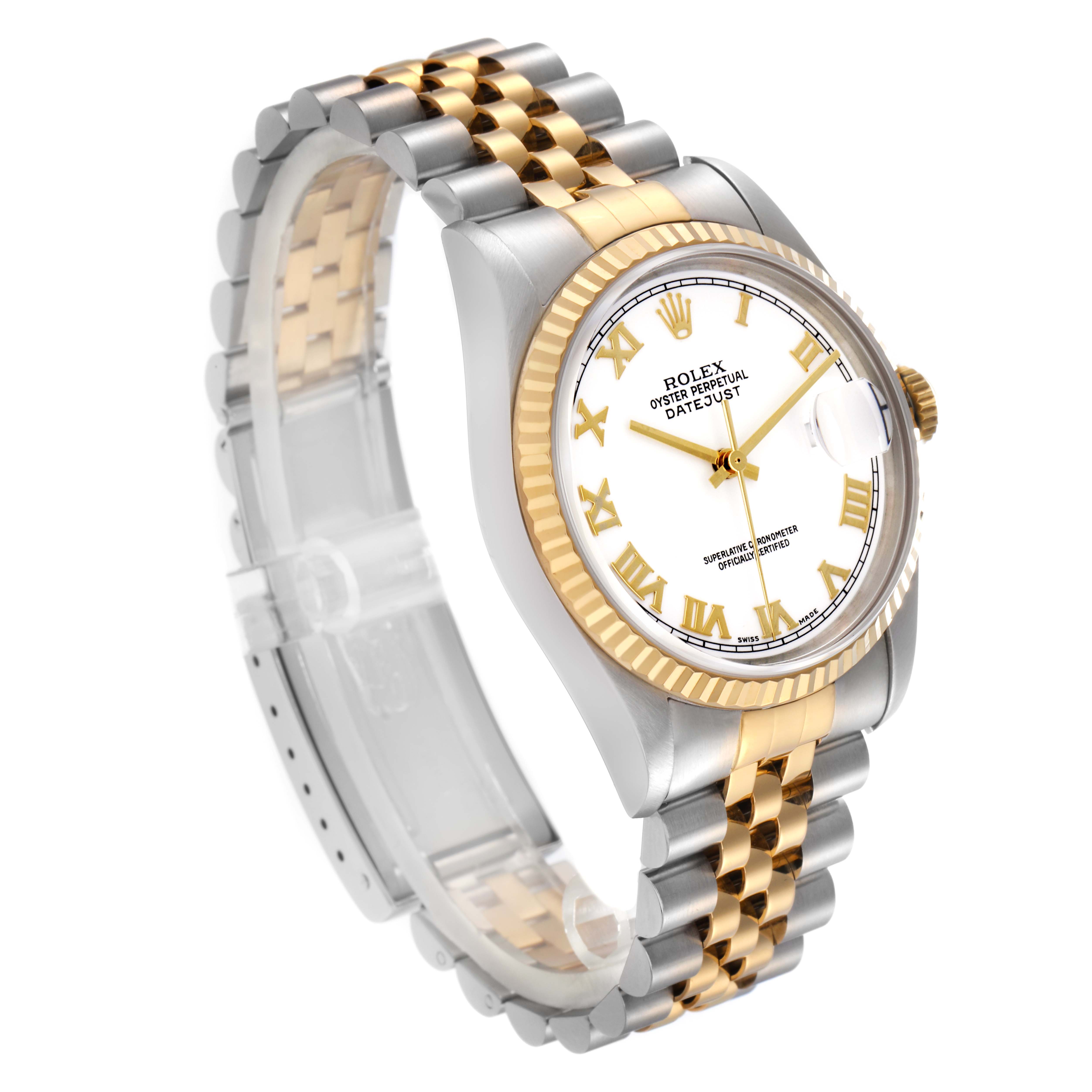 The Rolex Datejust 16233 Men
s Steel and Gold (two tone) White Dial 16233 Men
s Steel and Gold (two tone) White Dial watch is shown at a three-quarter angle highlighting the face, bezel, and part of the bracelet.