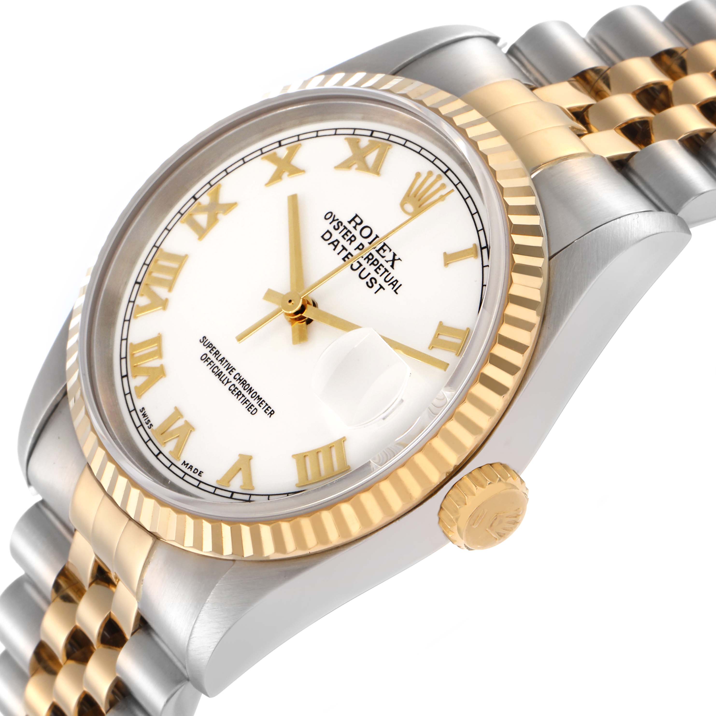 The image shows a Rolex Datejust 16233 Men
s Steel and Gold (two tone) White Dial 16233 Men
s Steel and Gold (two tone) White Dial watch at an angled view, displaying the dial, fluted bezel, and part of the bracelet.
