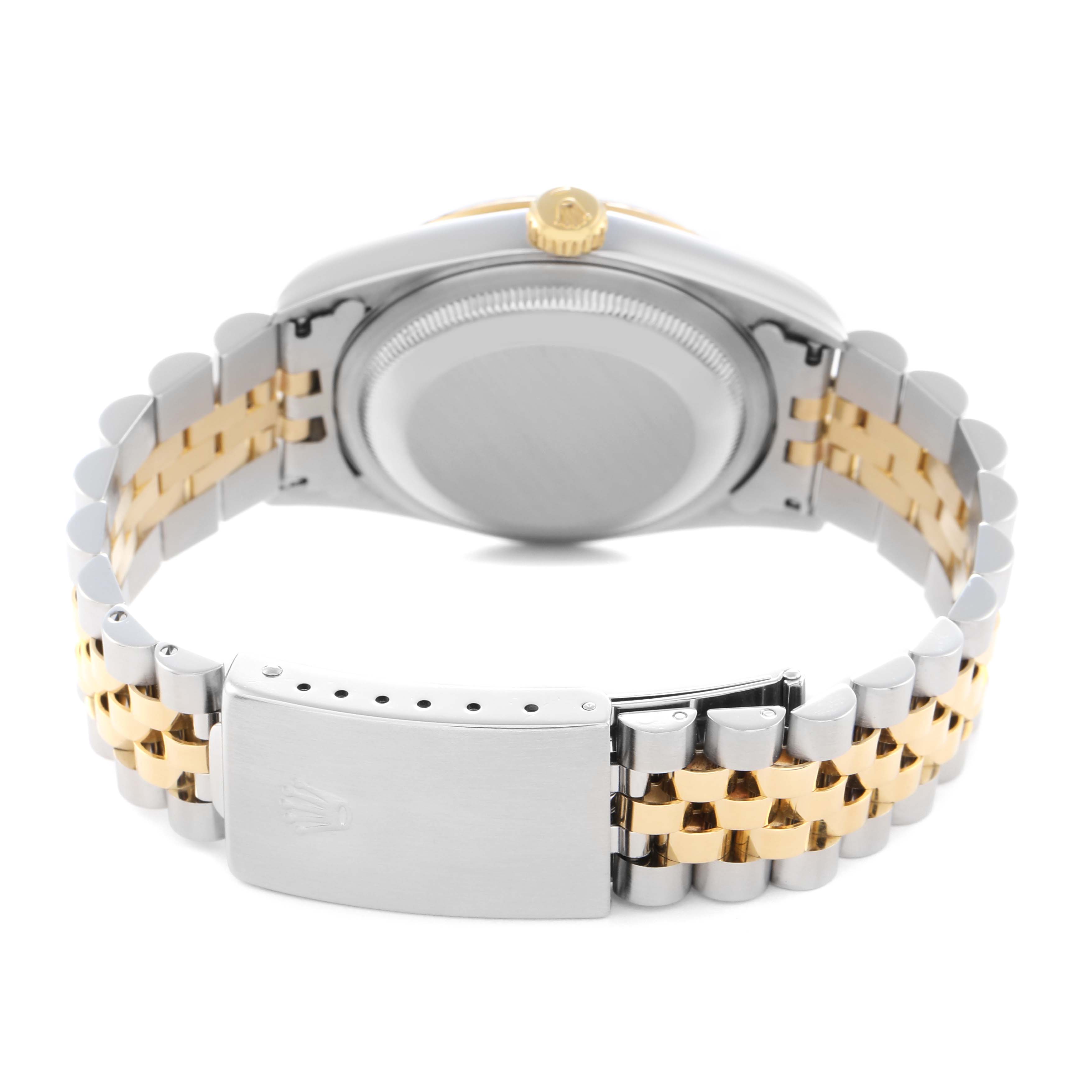 The image shows the back of a Rolex Datejust 16233 Men
s Steel and Gold (two tone) White Dial 16233 Men
s Steel and Gold (two tone) White Dial watch, highlighting the bracelet, clasp, case back, and crown.