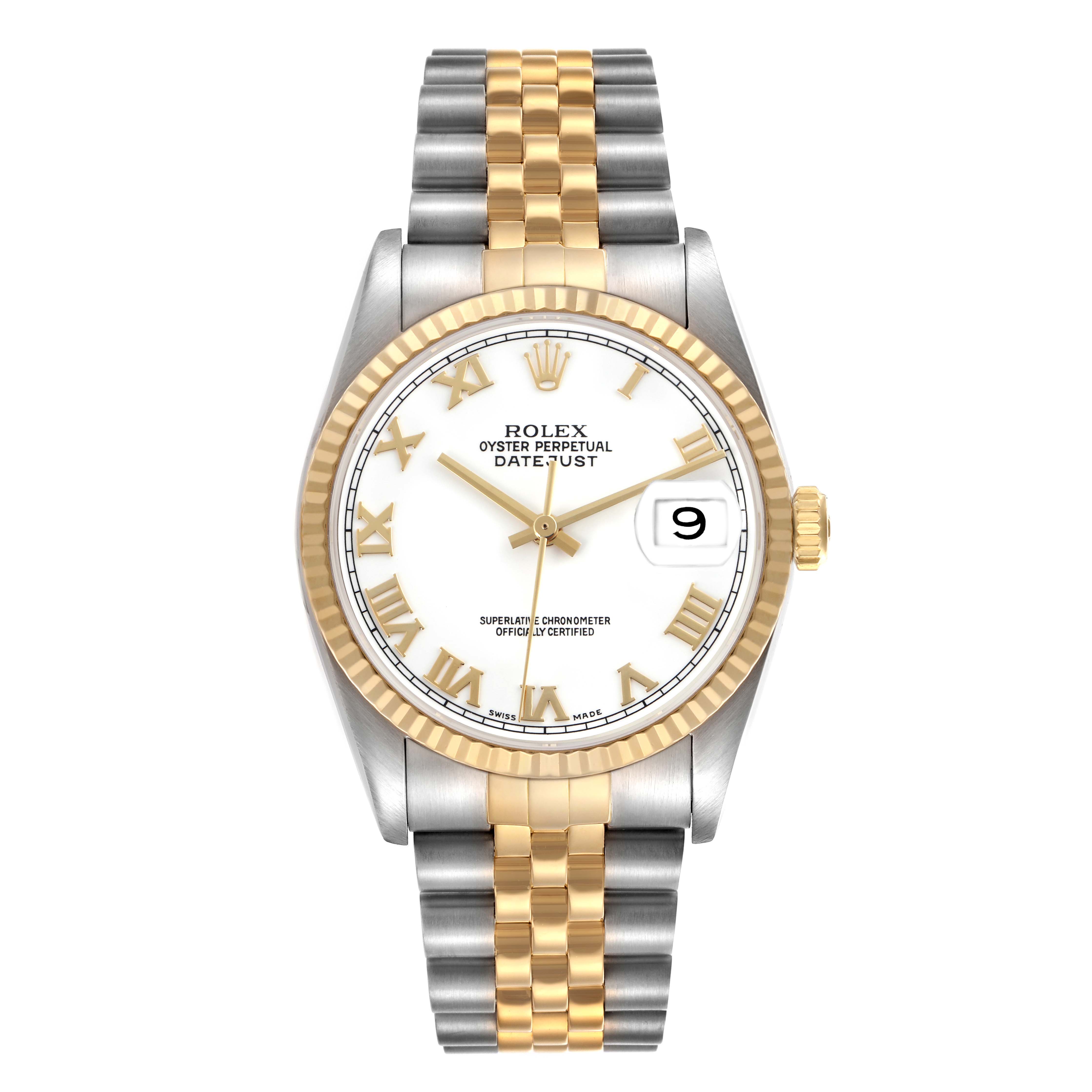 The Rolex Datejust 16233 Men
s Steel and Gold (two tone) White Dial 16233 Men
s Steel and Gold (two tone) White Dial watch is shown from a front angle, highlighting the dial, bezel, and two-tone bracelet.