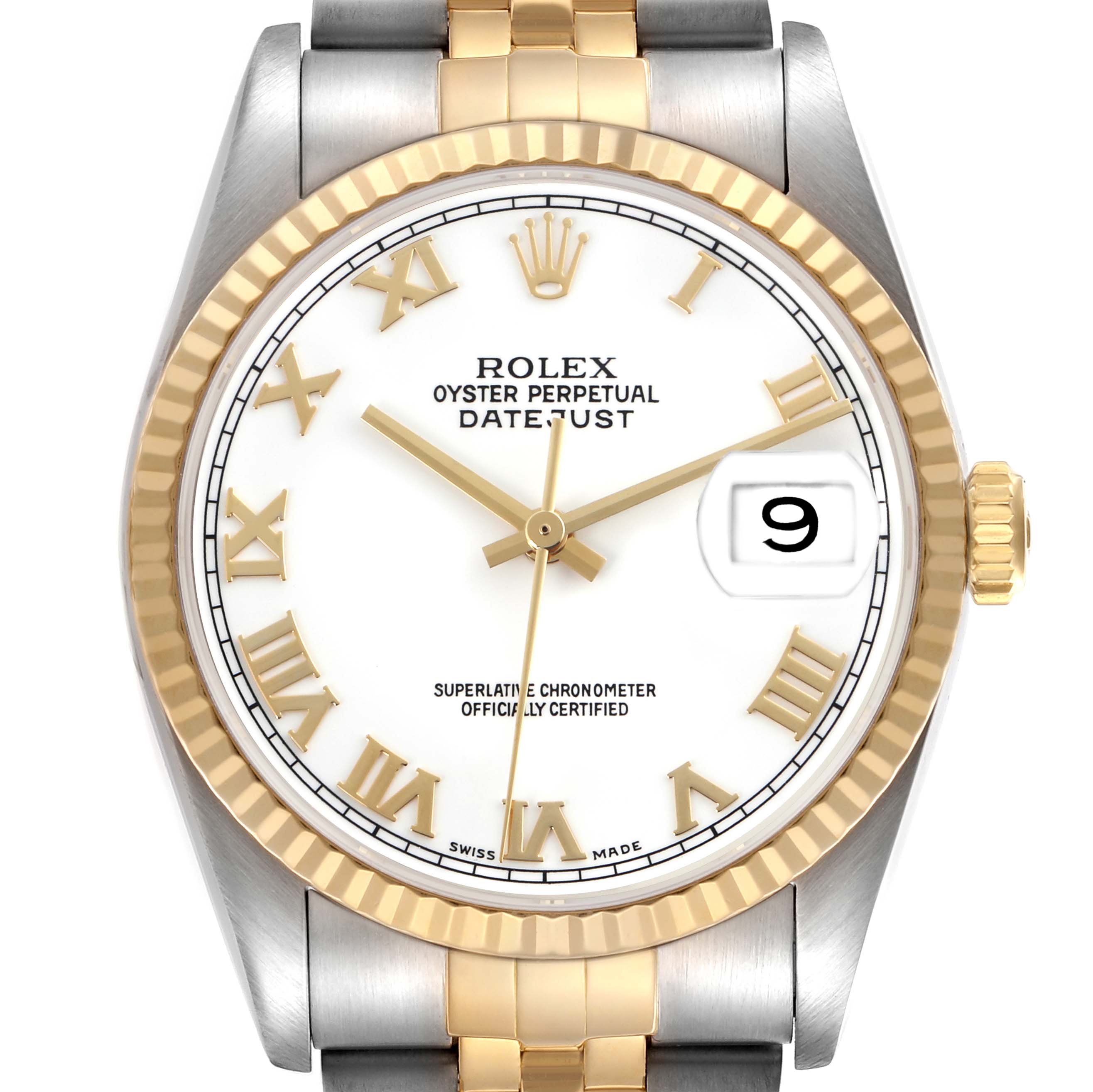 The Rolex Datejust 16233 Men
s Steel and Gold (two tone) White Dial 16233 Men
s Steel and Gold (two tone) White Dial watch is shown from a frontal angle, displaying the dial, bezel, crown, and part of the bracelet.