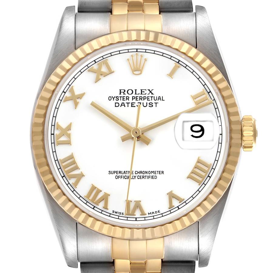 The Rolex Datejust watch is shown from a frontal angle, displaying the dial, bezel, crown, and part of the bracelet.