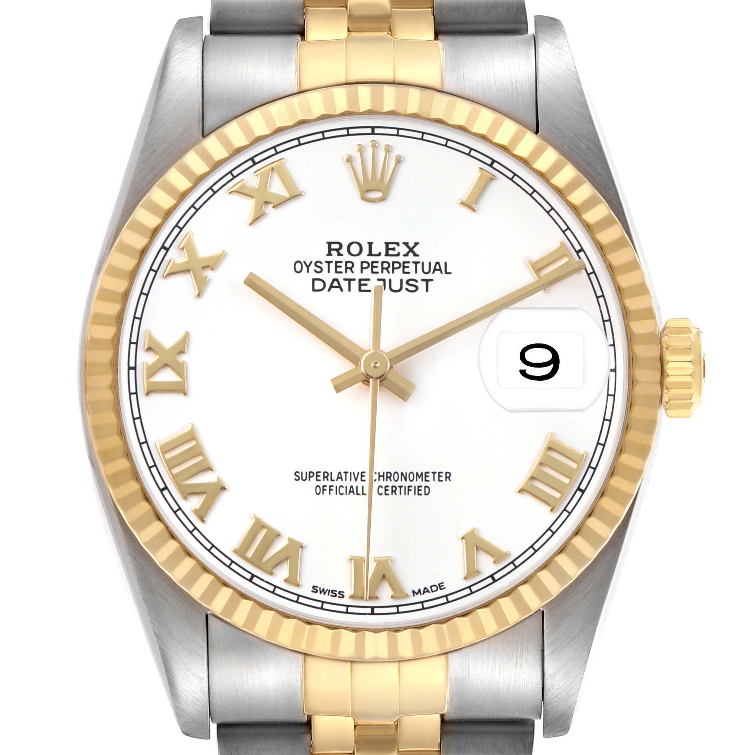 The Rolex Datejust 16233 Mens Steel and Gold (two tone) White Dial watch is shown from the front, displaying its dial, bezel, crown, and part of the bracelet.