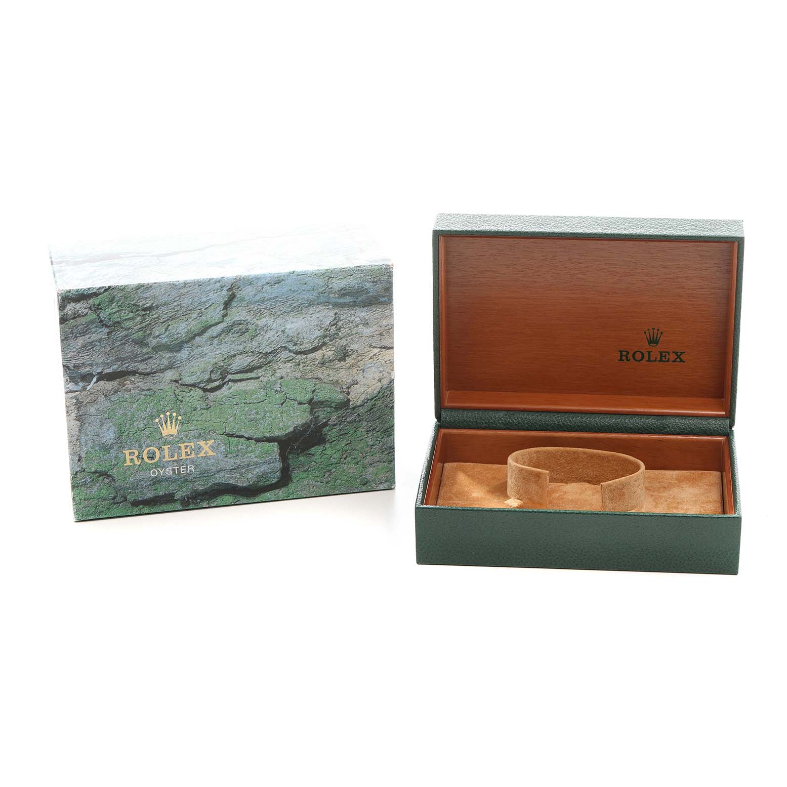 The image shows a Rolex Datejust 16233 Men's Steel and Gold (two tone) White Dial box set including an external cover and an open interior box with branding.
