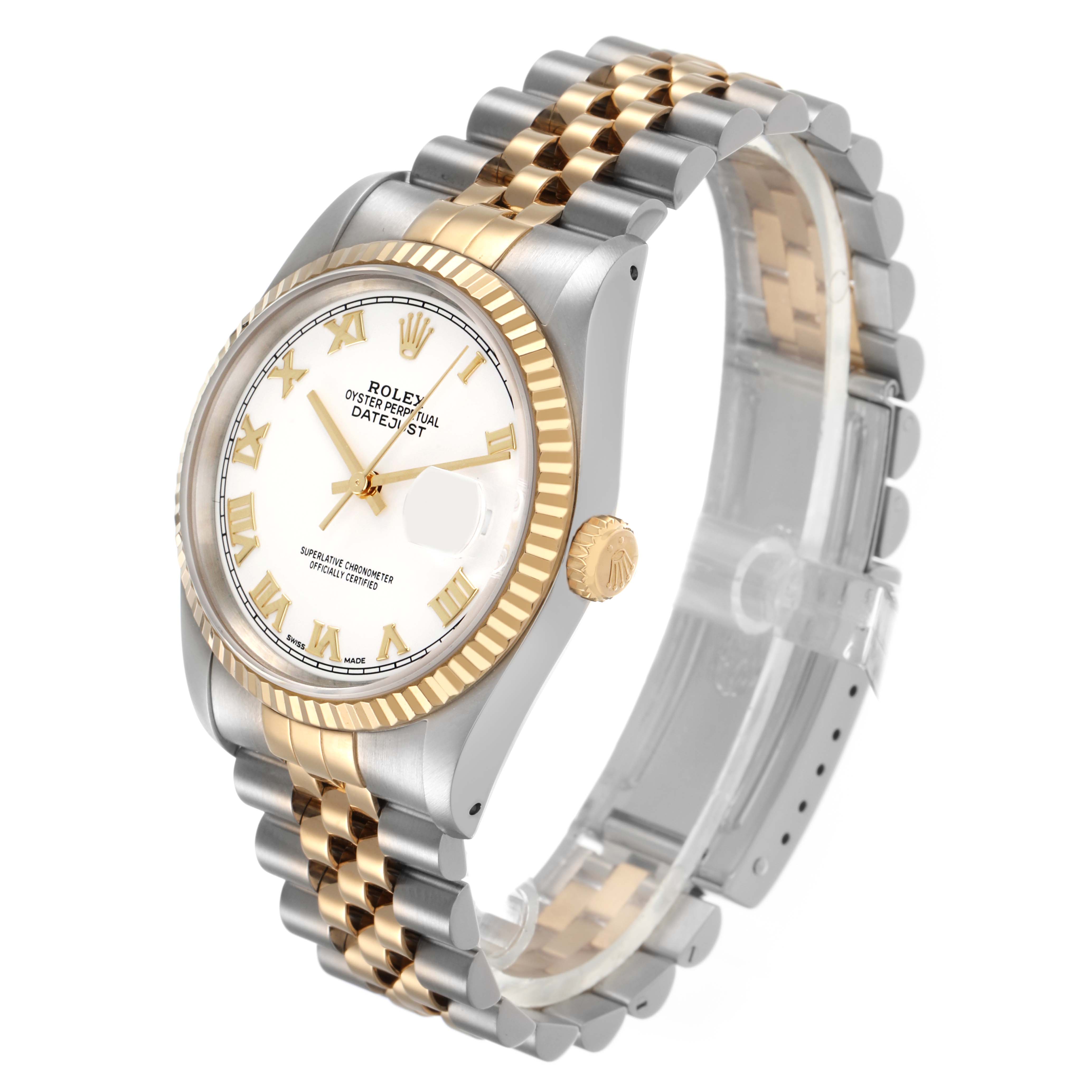 The Rolex Datejust 16233 Men's Steel and Gold (two tone) White Dial watch is shown at an oblique angle, highlighting the bezel, dial, and two-tone bracelet.