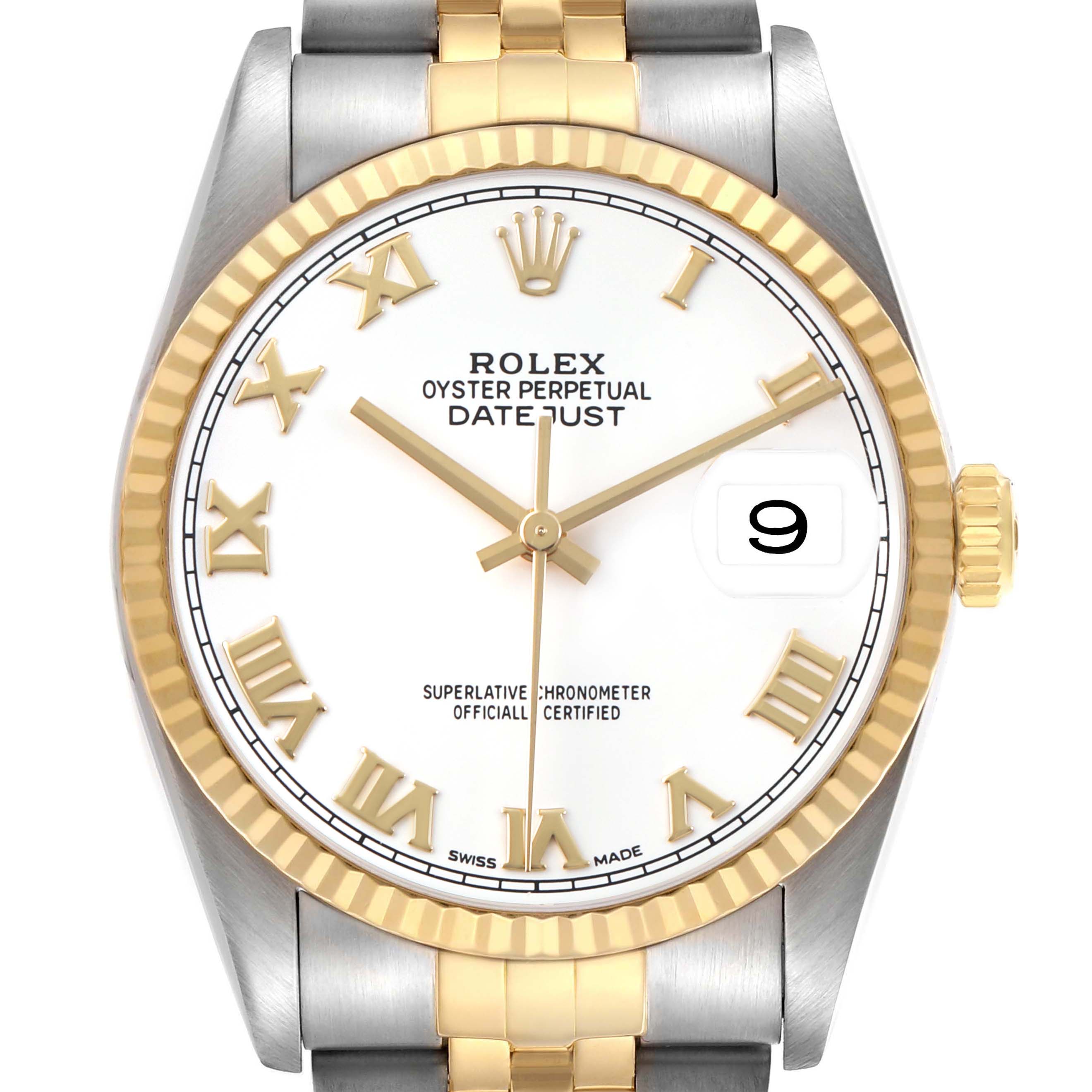 The image shows a frontal view of a Rolex Datejust 16233 Men's Steel and Gold (two tone) White Dial watch, highlighting the dial, bezel, crown, and part of the bracelet.