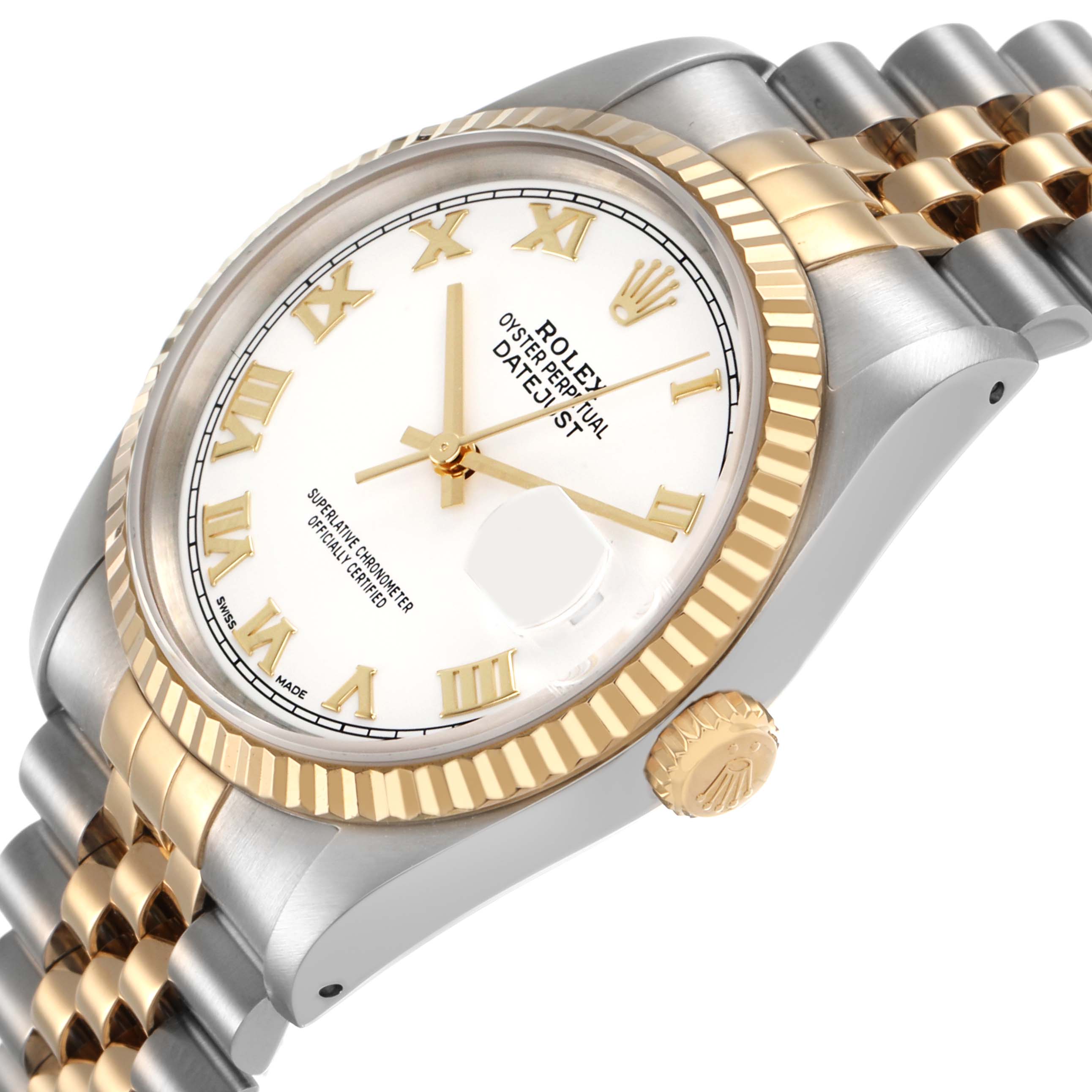 The Rolex Datejust 16233 Men's Steel and Gold (two tone) White Dial watch is shown at an angle highlighting the bezel, crown, face, and part of the bracelet.