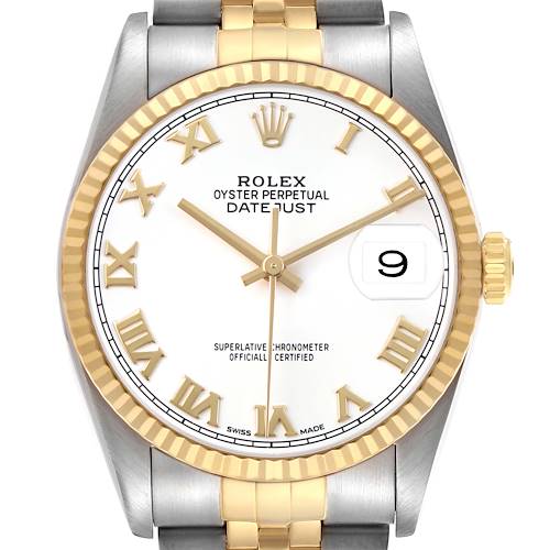 The image shows a front view of the Rolex Datejust 16233 Mens Steel and Gold (two tone) White Dial, featuring a gold bezel, white dial with Roman numerals, and two-tone bracelet.