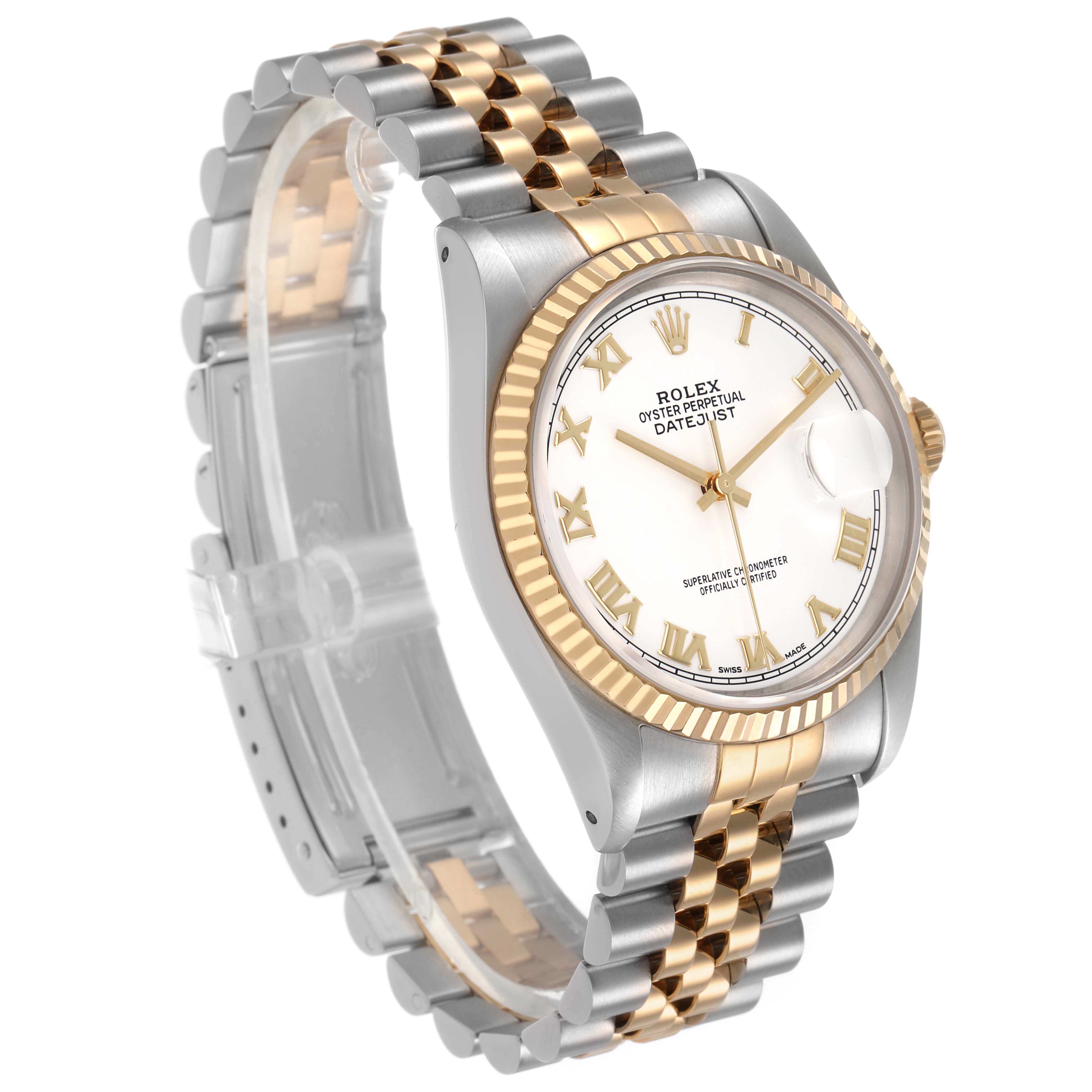 The Rolex Datejust 16233 Men's Steel and Gold (two tone) White Dial watch is shown at a slight angle, highlighting the face, bezel, crown, and Jubilee bracelet.