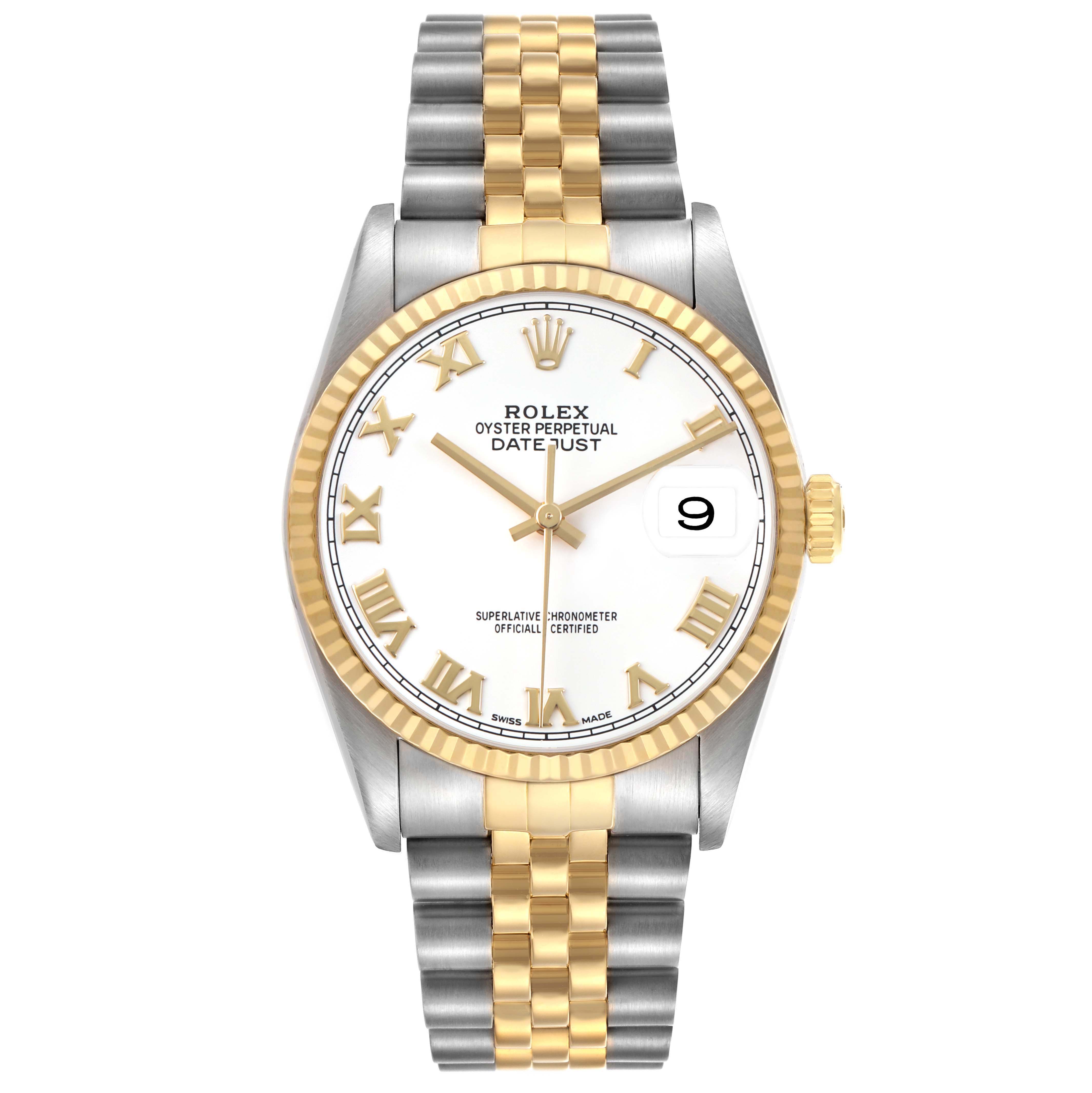 The Rolex Datejust 16233 Men's Steel and Gold (two tone) White Dial watch is shown from a front angle, highlighting its dial, bracelet, and fluted bezel.