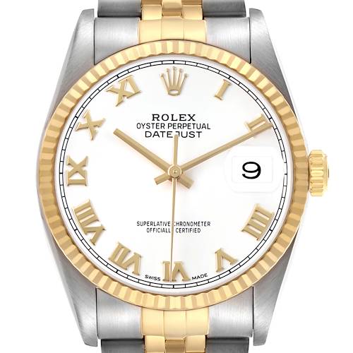 The Rolex Datejust 16233 Men's Steel and Gold (two tone) White Dial watch is shown from a front angle, displaying the face, bezel, and part of the bracelet.