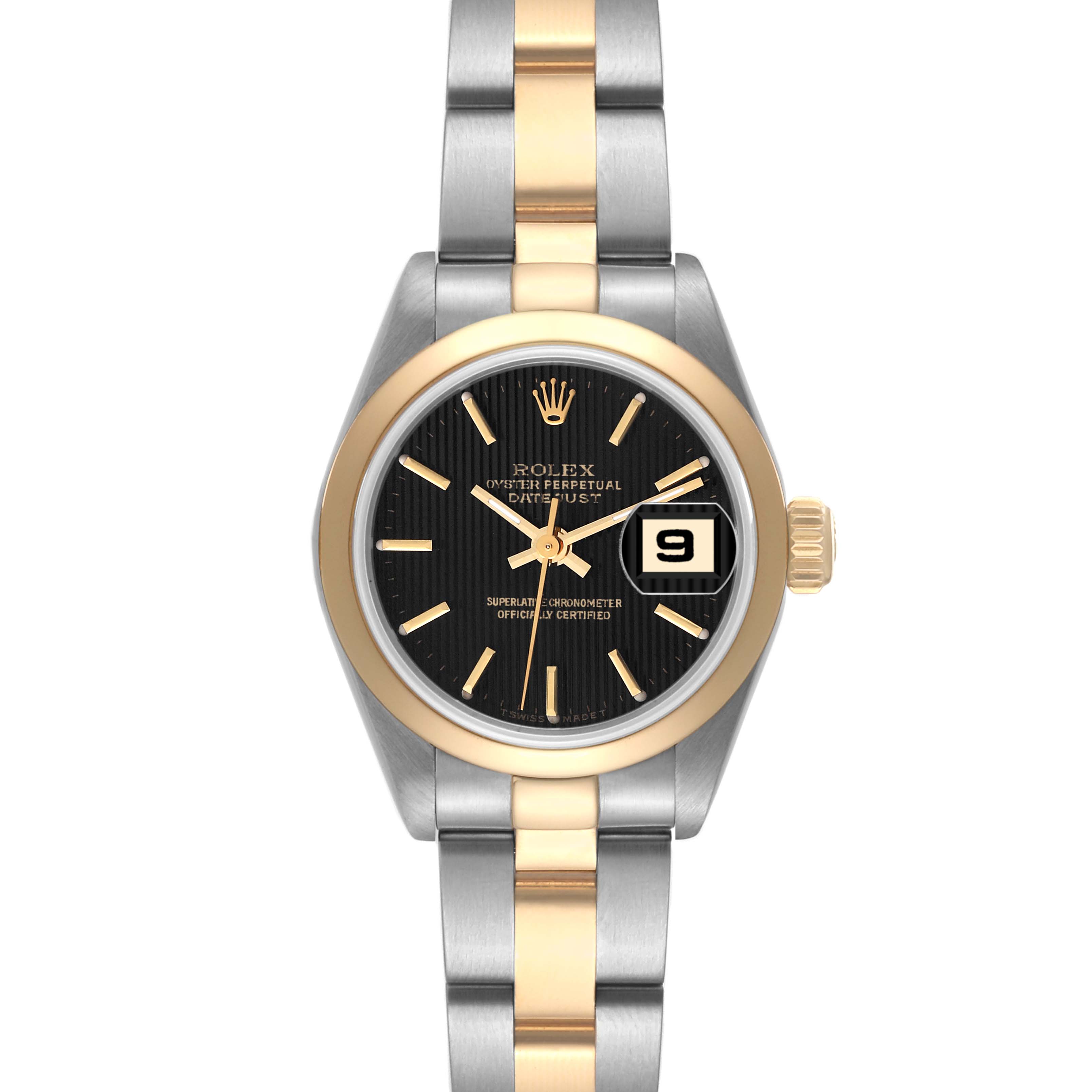 This is a frontal view of a Rolex Datejust 69163 Women's Steel and Gold (two tone) Black Dial 69163 Women's Steel and Gold (two tone) Black Dial watch, showing the face, bezel, and two-tone bracelet.