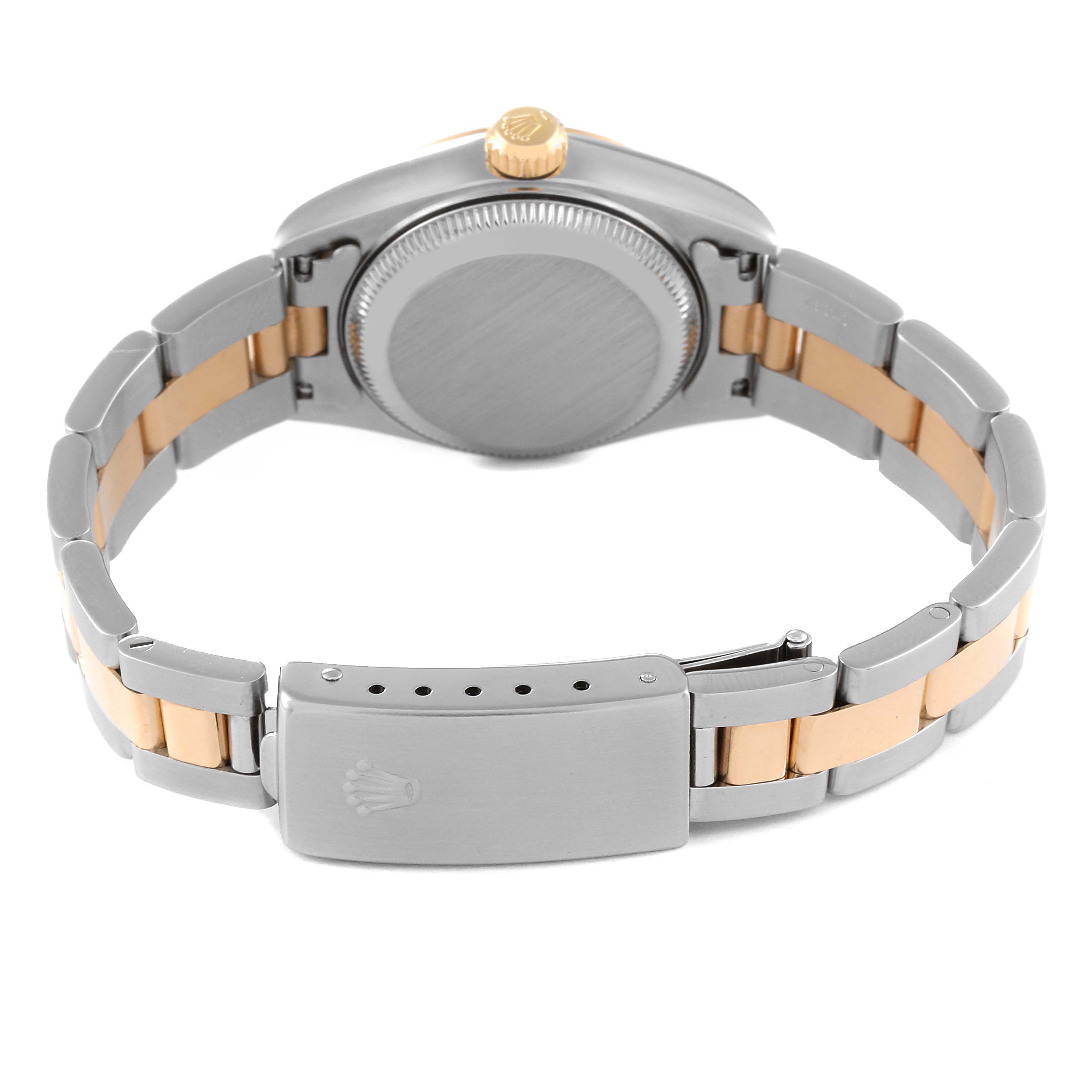 The image shows the backside of a Rolex Datejust 69163 Women's Steel and Gold (two tone) Black Dial 69163 Women's Steel and Gold (two tone) Black Dial watch, highlighting the clasp, bracelet, and caseback.