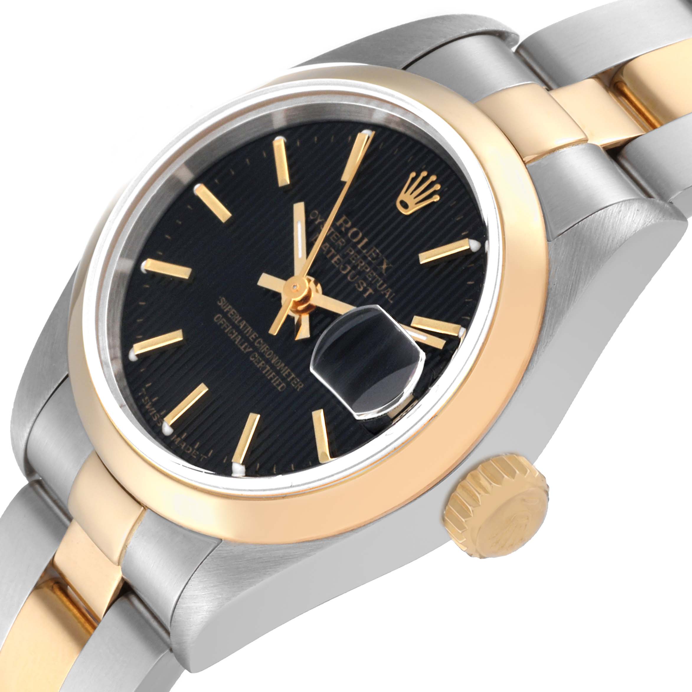This image shows a close-up of the dial, bezel, crown, and part of the bracelet of a Rolex Datejust 69163 Women's Steel and Gold (two tone) Black Dial 69163 Women's Steel and Gold (two tone) Black Dial watch.