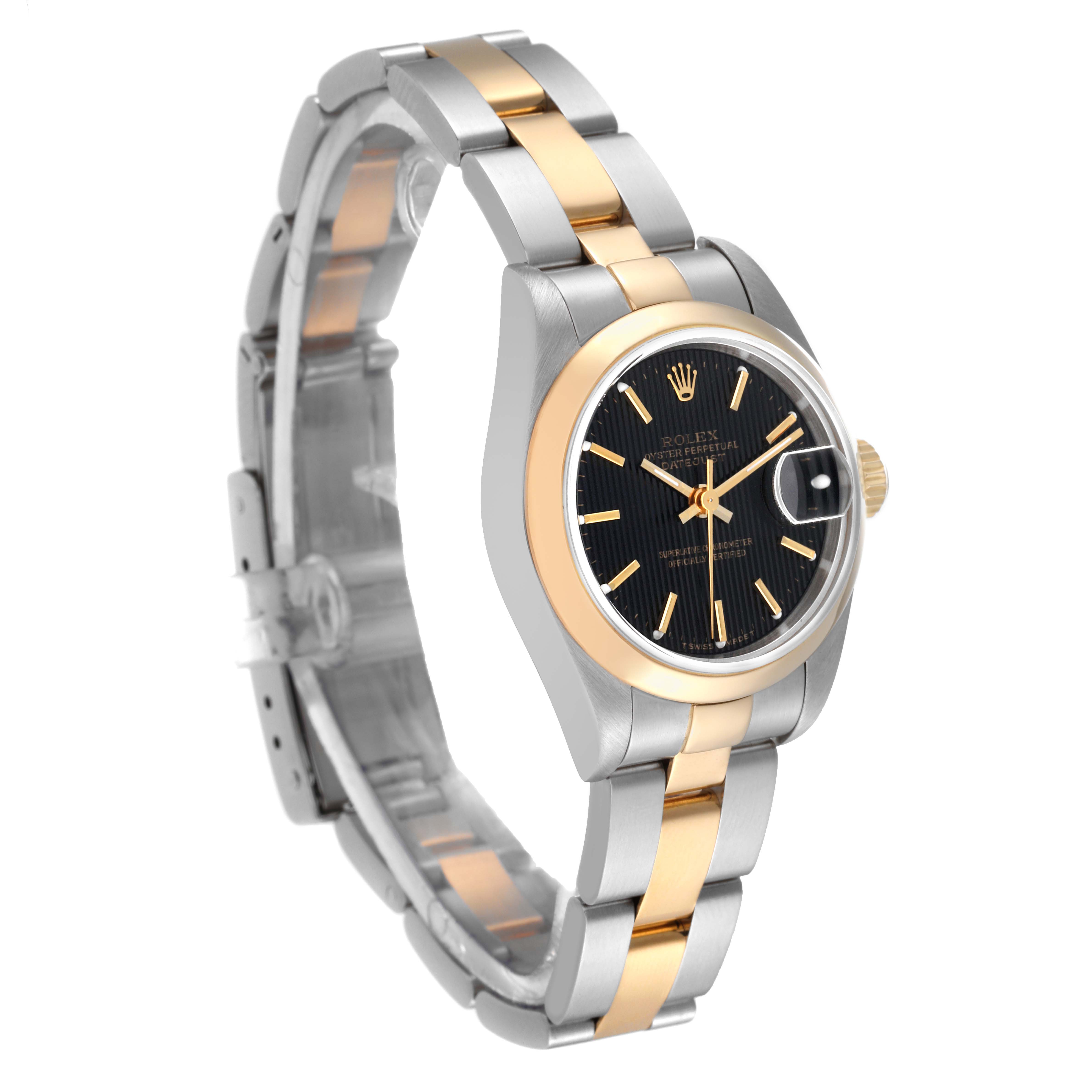 The Rolex Datejust 69163 Women's Steel and Gold (two tone) Black Dial 69163 Women's Steel and Gold (two tone) Black Dial watch is shown at a side angle, displaying the dial, bezel, crown, and two-tone bracelet.