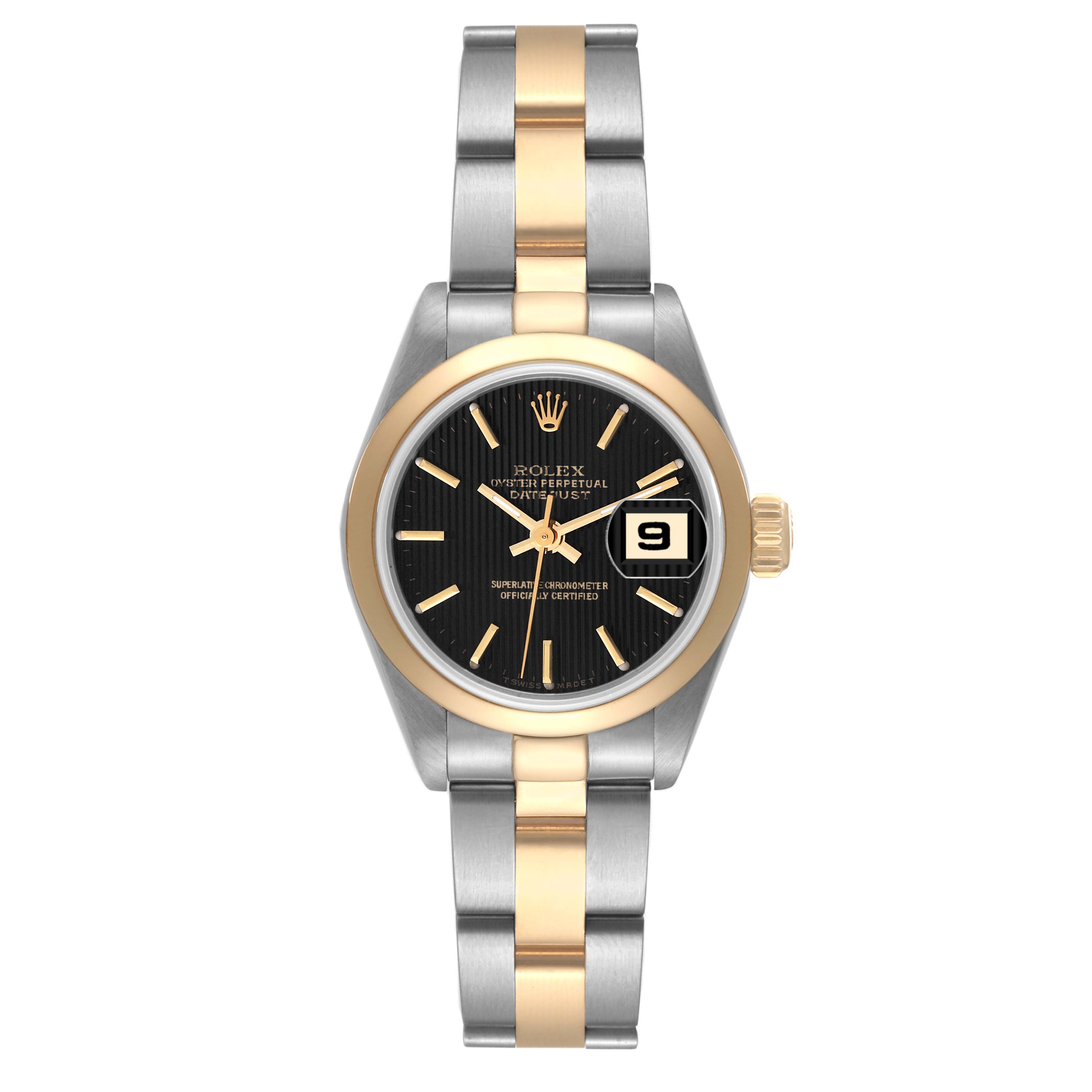 This Rolex Datejust 69163 Women's Steel and Gold (two tone) Black Dial 69163 Women's Steel and Gold (two tone) Black Dial watch is shown from a front angle, displaying the face, dial, and a portion of the bracelet.