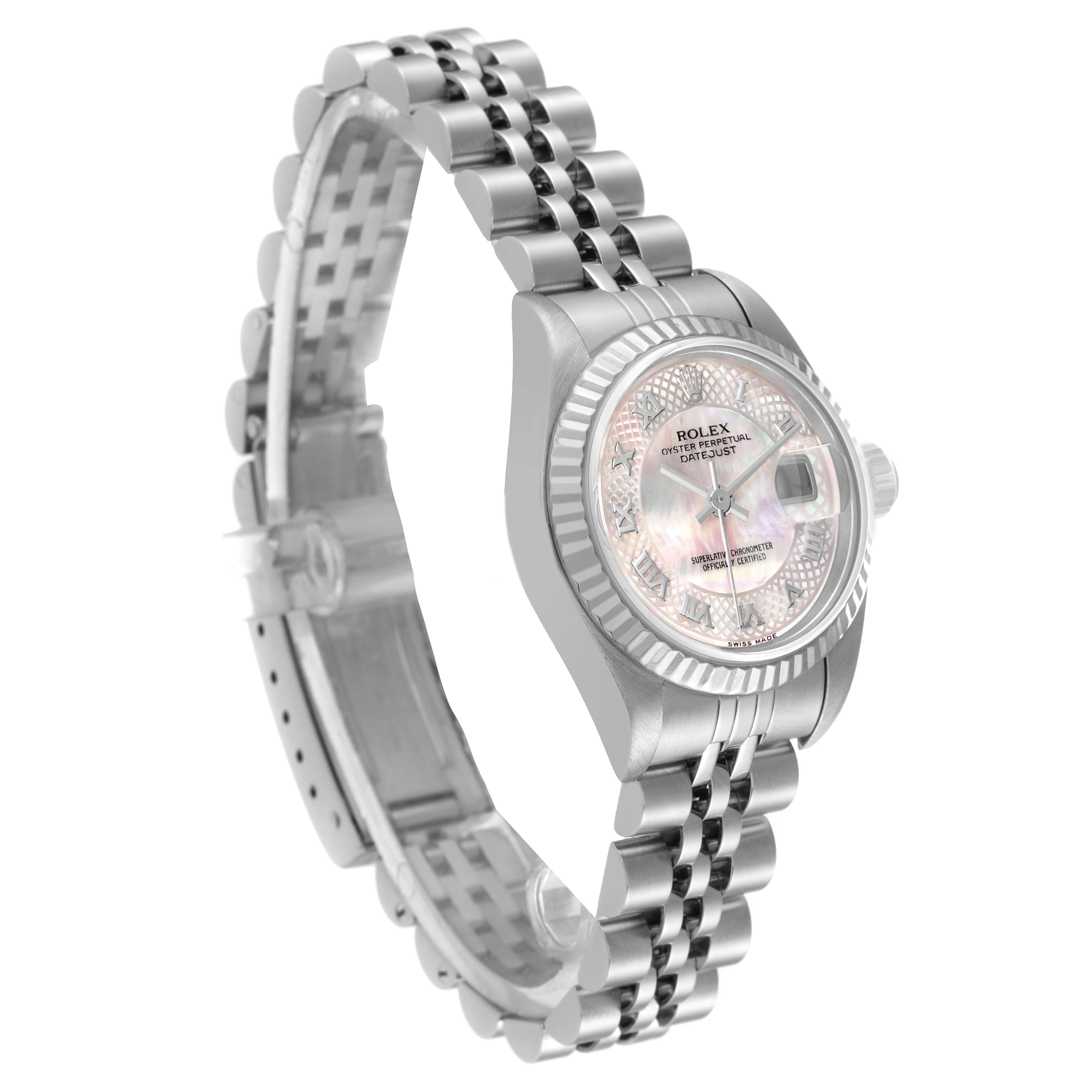 The image shows a Rolex Datejust 79174 Women's Stainless Steel Mother of Pearl Dial 79174 Women's Stainless Steel Mother of Pearl Dial watch at a three-quarter angle, highlighting the face, bezel, and bracelet.