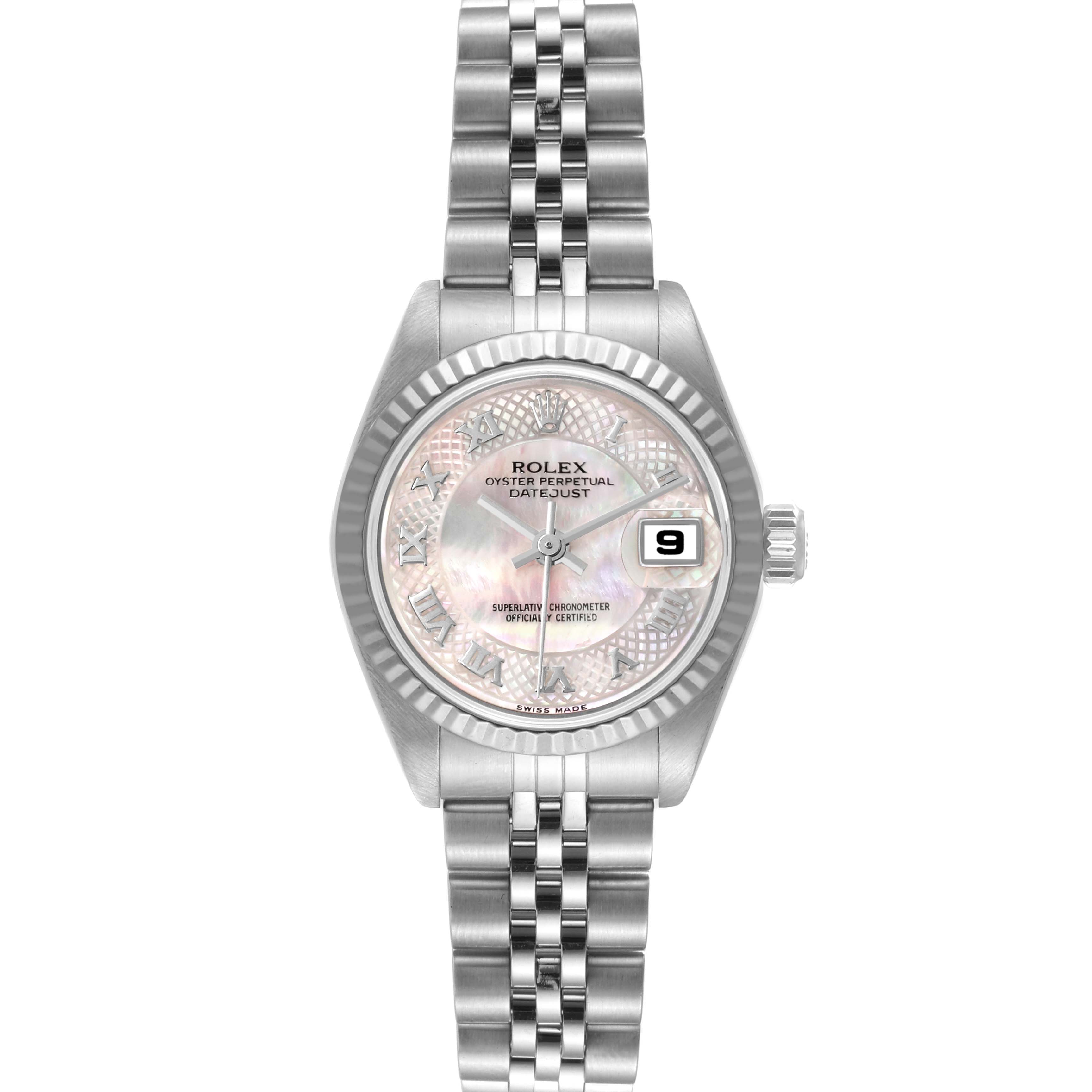 The image shows a front view of a Rolex Datejust 79174 Women's Stainless Steel Mother of Pearl Dial 79174 Women's Stainless Steel Mother of Pearl Dial watch, featuring its dial, bezel, and bracelet.