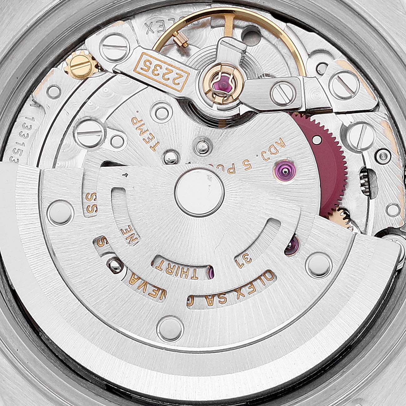 This image shows a close-up view of the movement mechanism inside a Rolex Datejust 79174 Women's Stainless Steel Mother of Pearl Dial 79174 Women's Stainless Steel Mother of Pearl Dial watch.