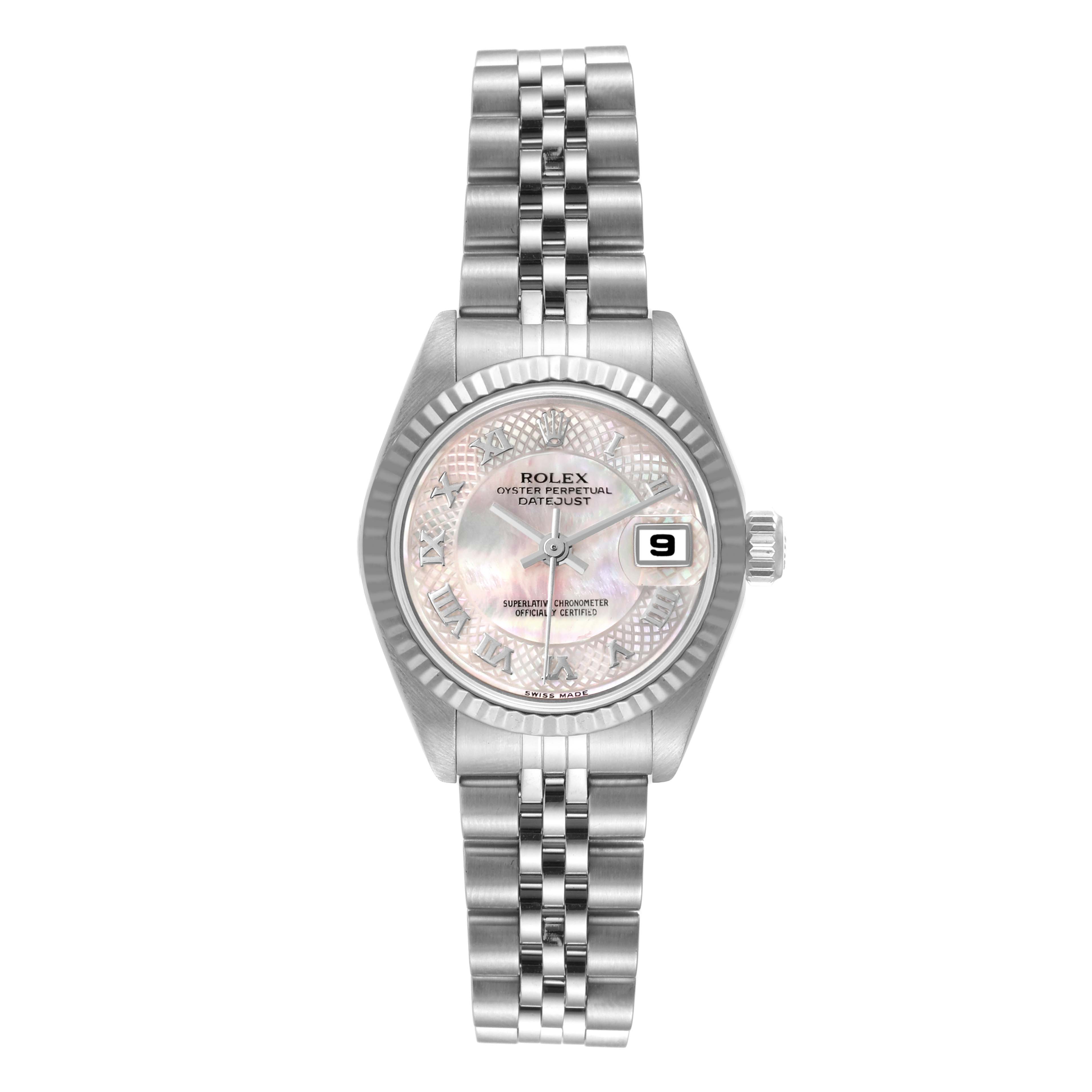 This image shows a Rolex Datejust 79174 Women's Stainless Steel Mother of Pearl Dial 79174 Women's Stainless Steel Mother of Pearl Dial watch taken from a front angle, displaying the face, bracelet, bezel, and date window.