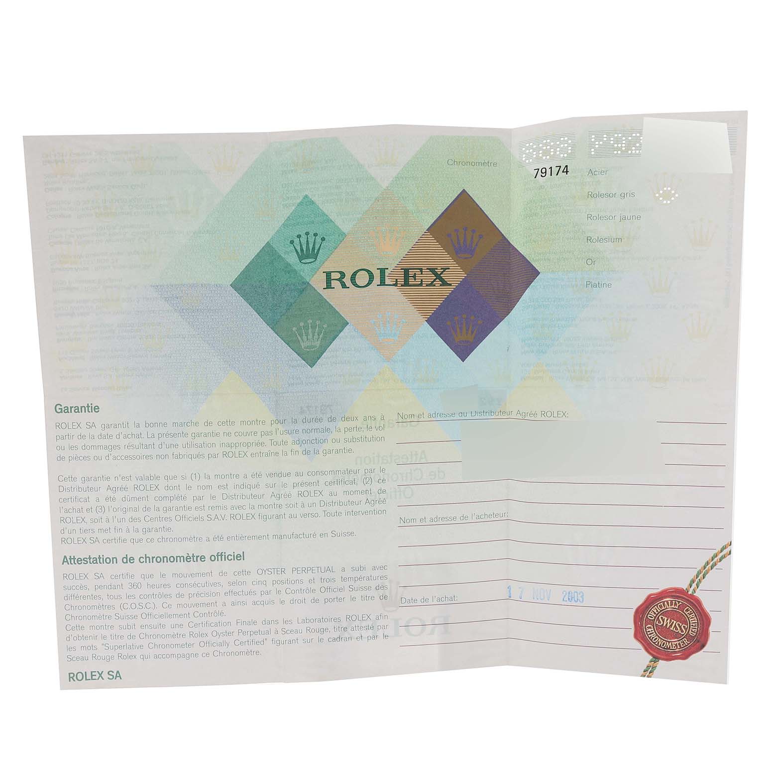 This image shows the warranty certificate for a Rolex Datejust 79174 Women's Stainless Steel Mother of Pearl Dial 79174 Women's Stainless Steel Mother of Pearl Dial watch, displaying the brand's logo and purchase details.