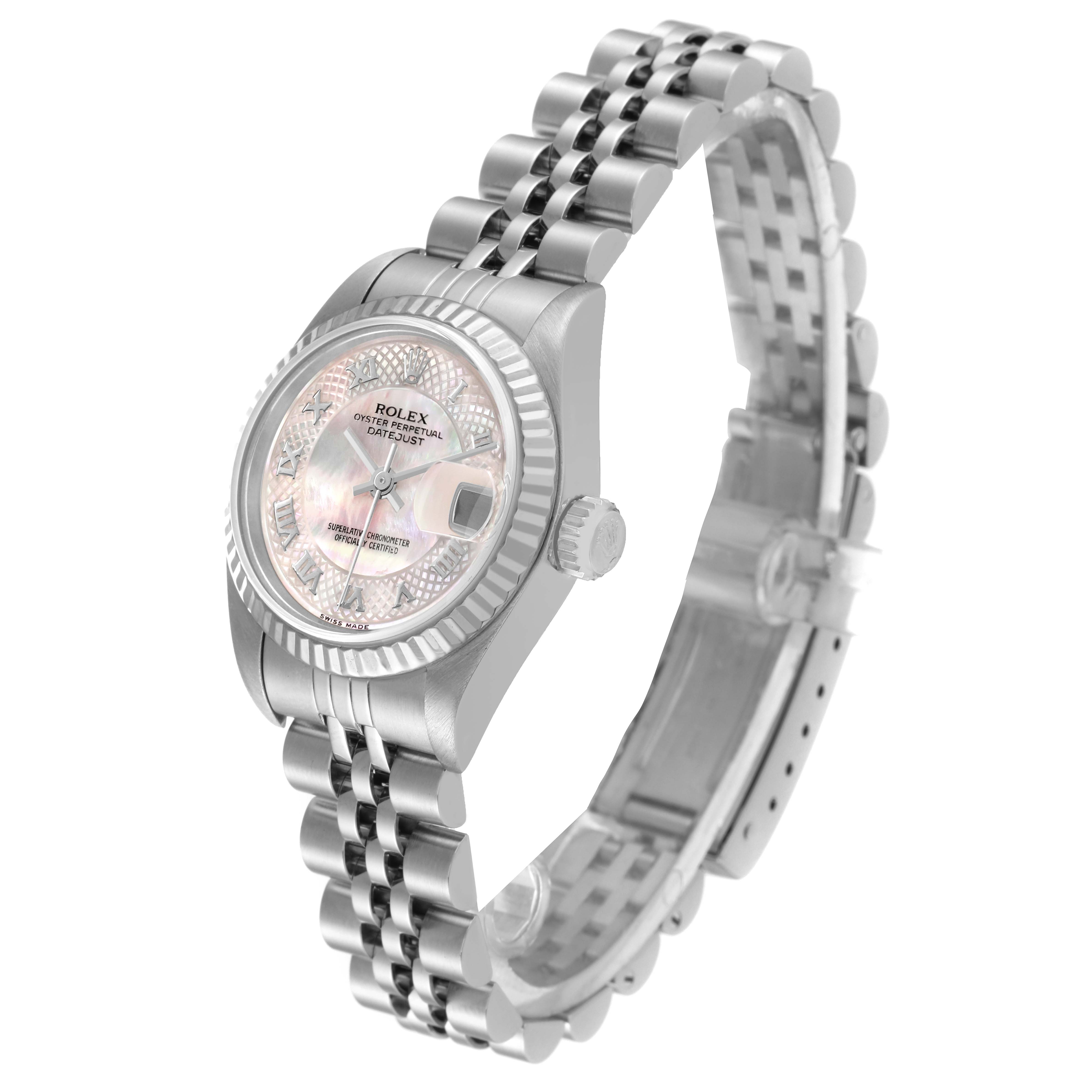 This image shows a Rolex Datejust 79174 Women's Stainless Steel Mother of Pearl Dial 79174 Women's Stainless Steel Mother of Pearl Dial watch from a three-quarter angle, highlighting the face, bezel, and bracelet.