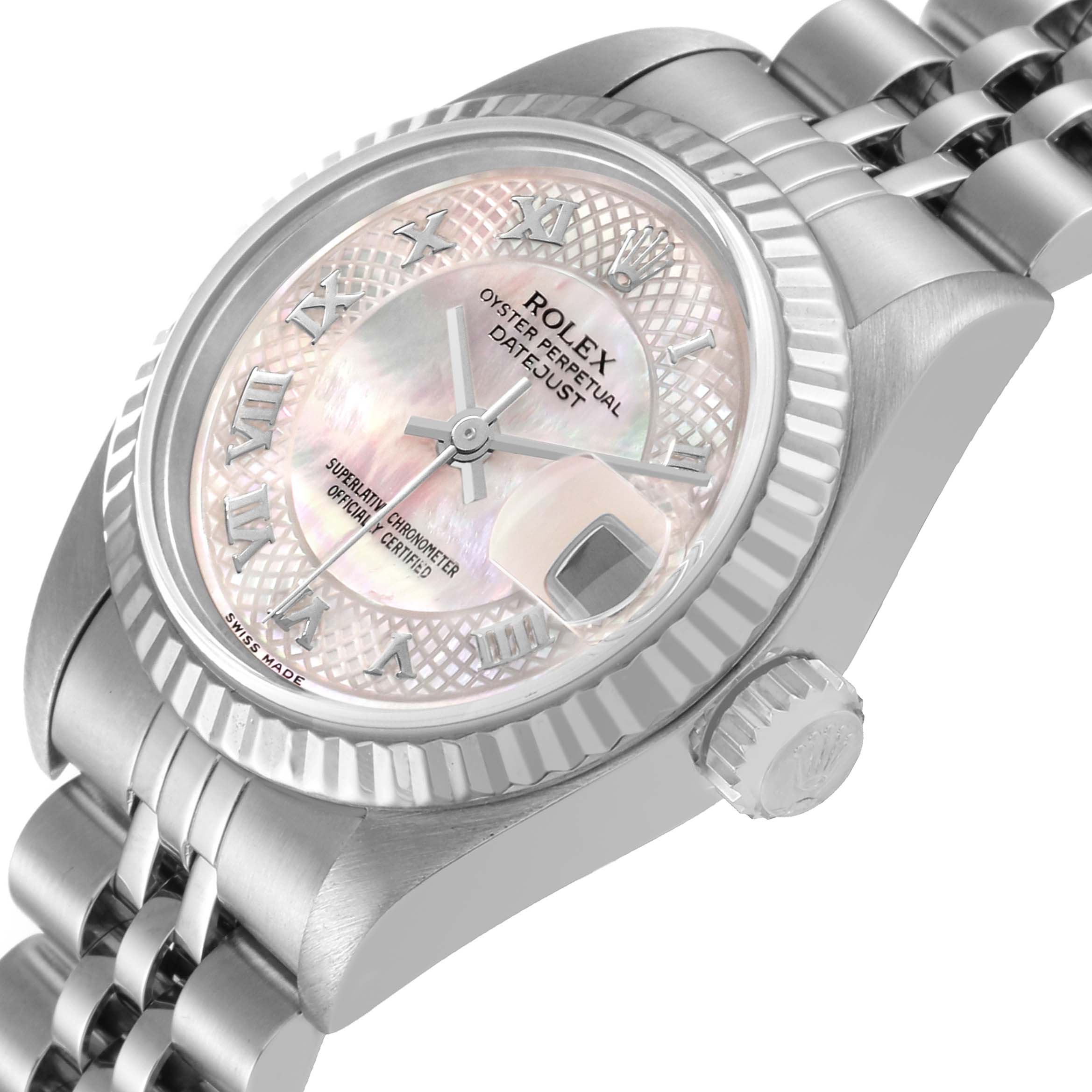 The image shows a close-up angled view of the Rolex Datejust 79174 Women's Stainless Steel Mother of Pearl Dial 79174 Women's Stainless Steel Mother of Pearl Dial watch, highlighting its face, bezel, and part of the bracelet.