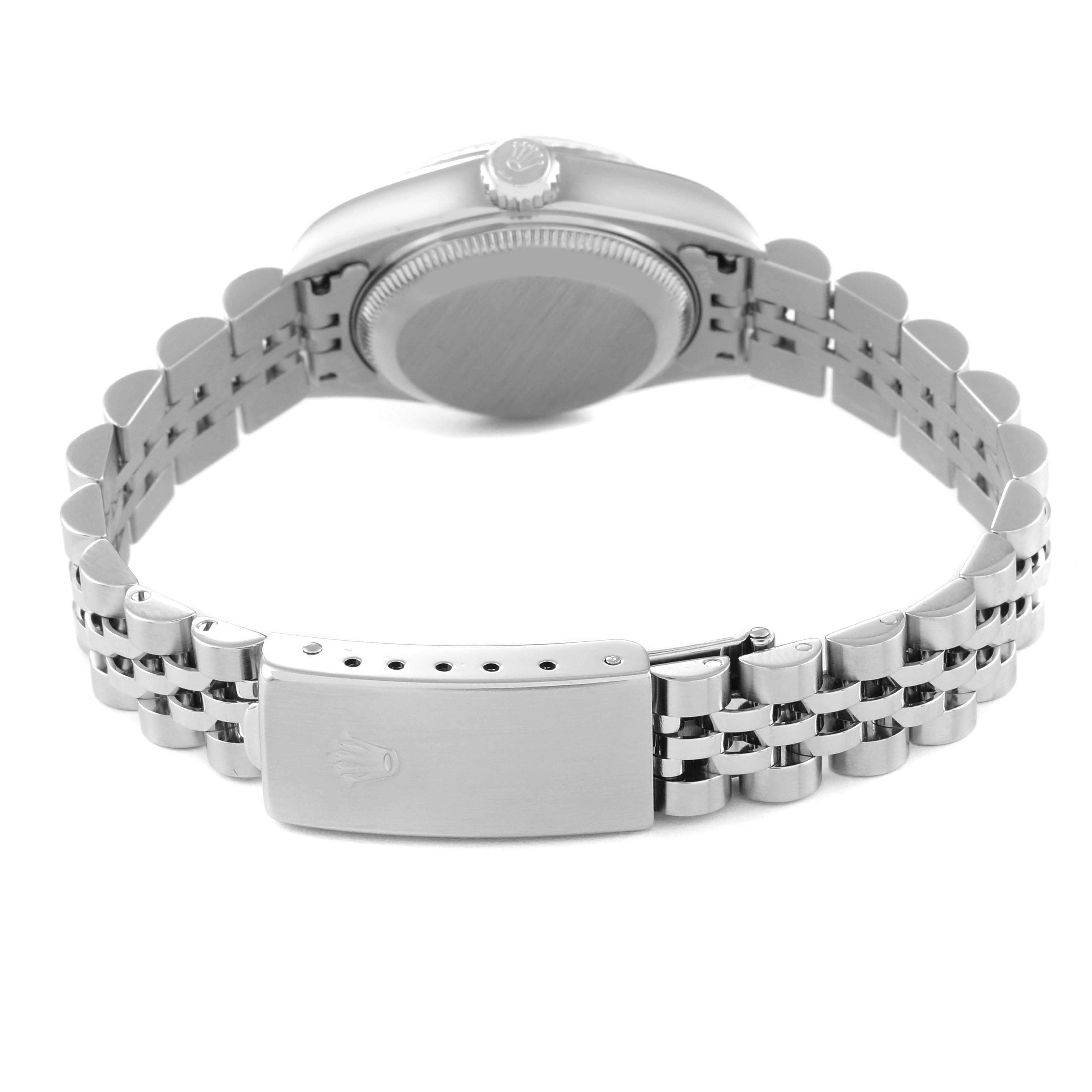 This image shows the back and clasp of a Rolex Datejust 79174 Women's Stainless Steel Mother of Pearl Dial 79174 Women's Stainless Steel Mother of Pearl Dial watch, highlighting the bracelet and case back.