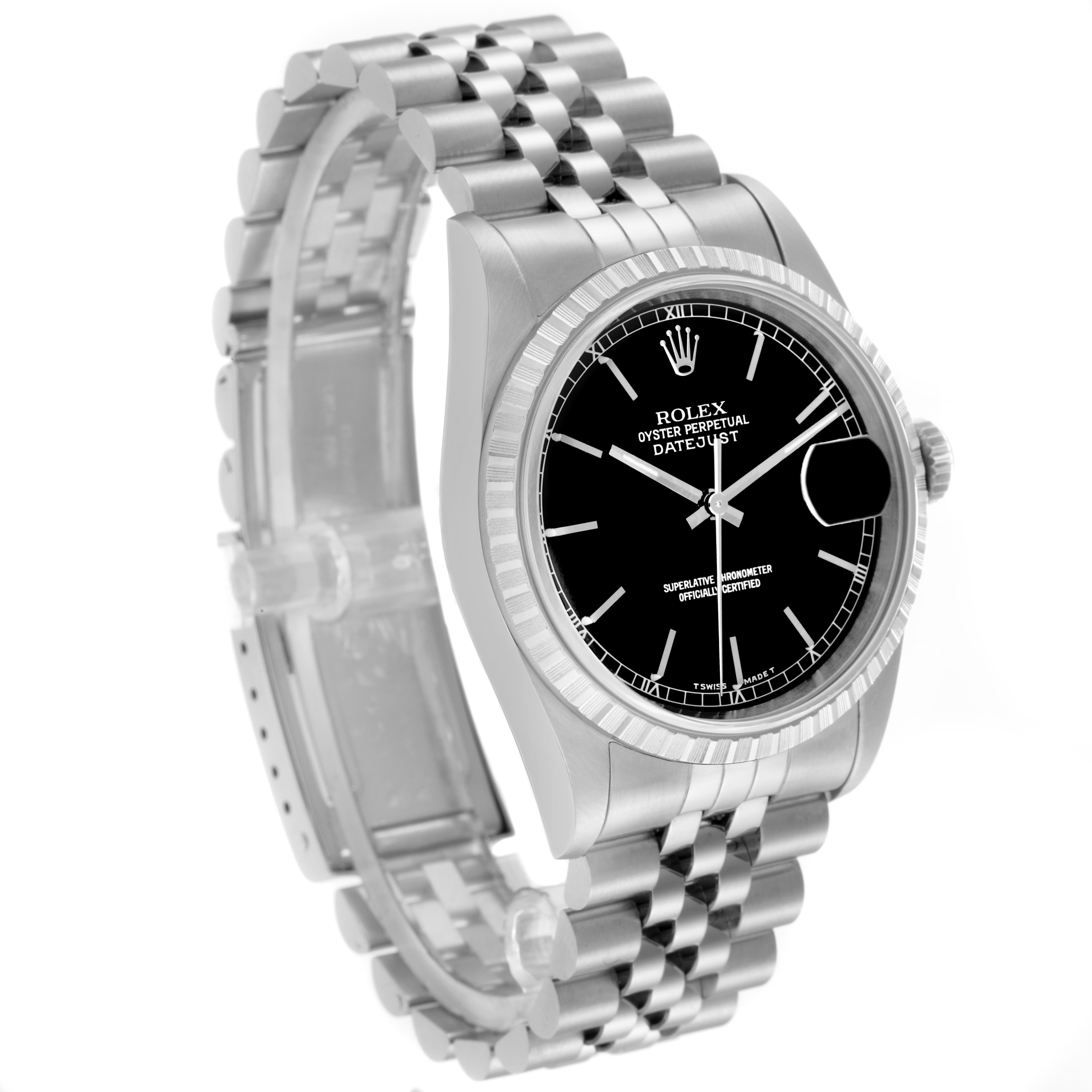 The Rolex Datejust 16220 Men
s Stainless Steel Black Dial 16220 Men
s Stainless Steel Black Dial watch is shown from a front-side angle, highlighting the dial, bezel, crown, and part of the bracelet.