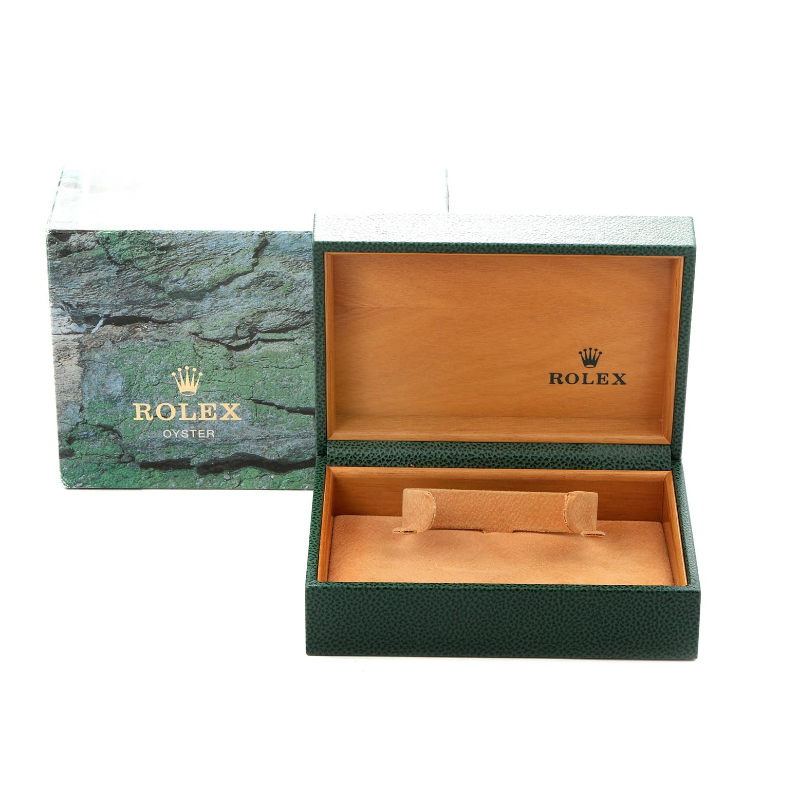 The image shows an open Rolex Datejust 16220 Men
s Stainless Steel Black Dial 16220 Men
s Stainless Steel Black Dial watch box, revealing its interior with a cushioned area, viewed from the front.