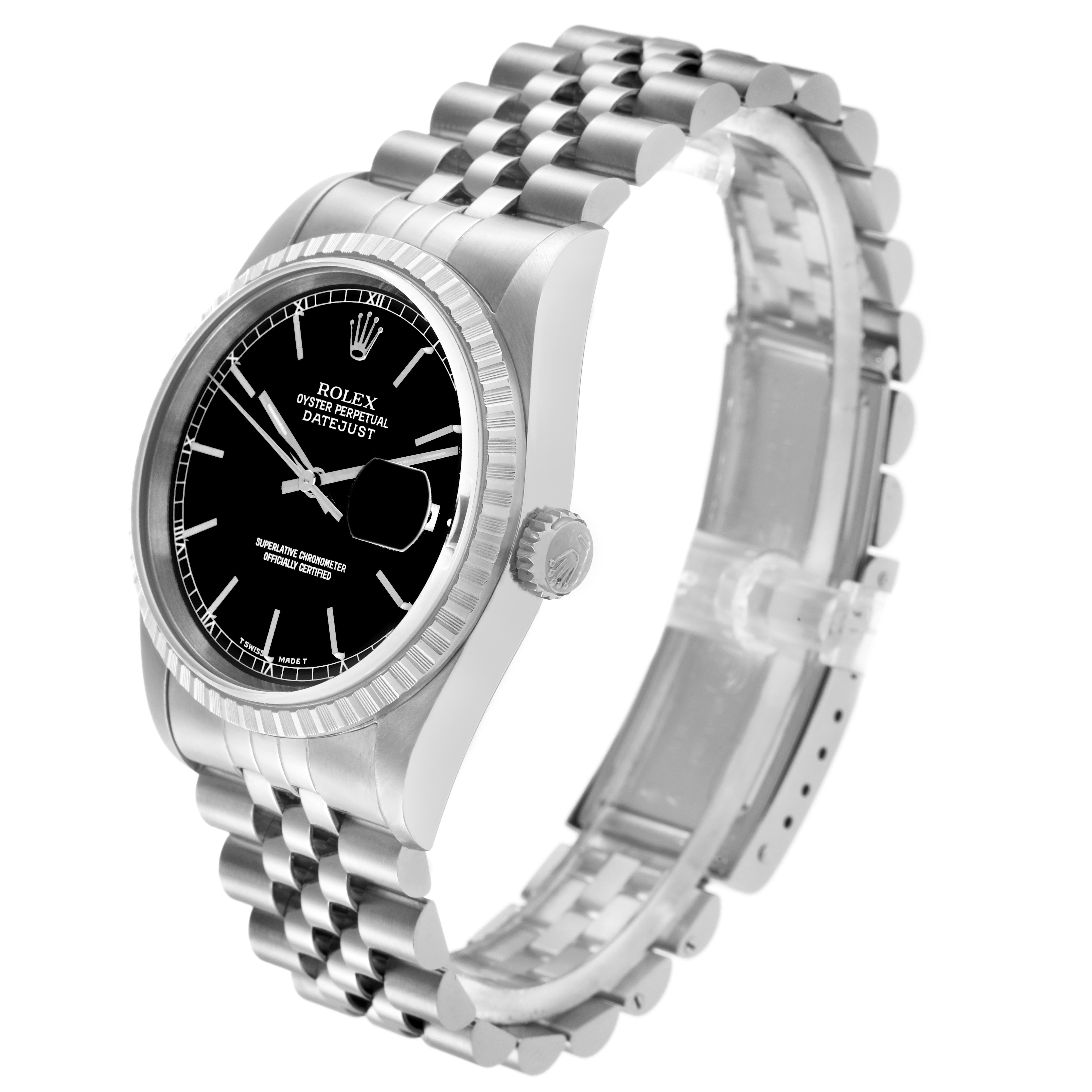 The image shows a Rolex Datejust 16220 Men
s Stainless Steel Black Dial 16220 Men
s Stainless Steel Black Dial watch at a three-quarter angle, highlighting the dial, bezel, case, crown, and Jubilee bracelet.