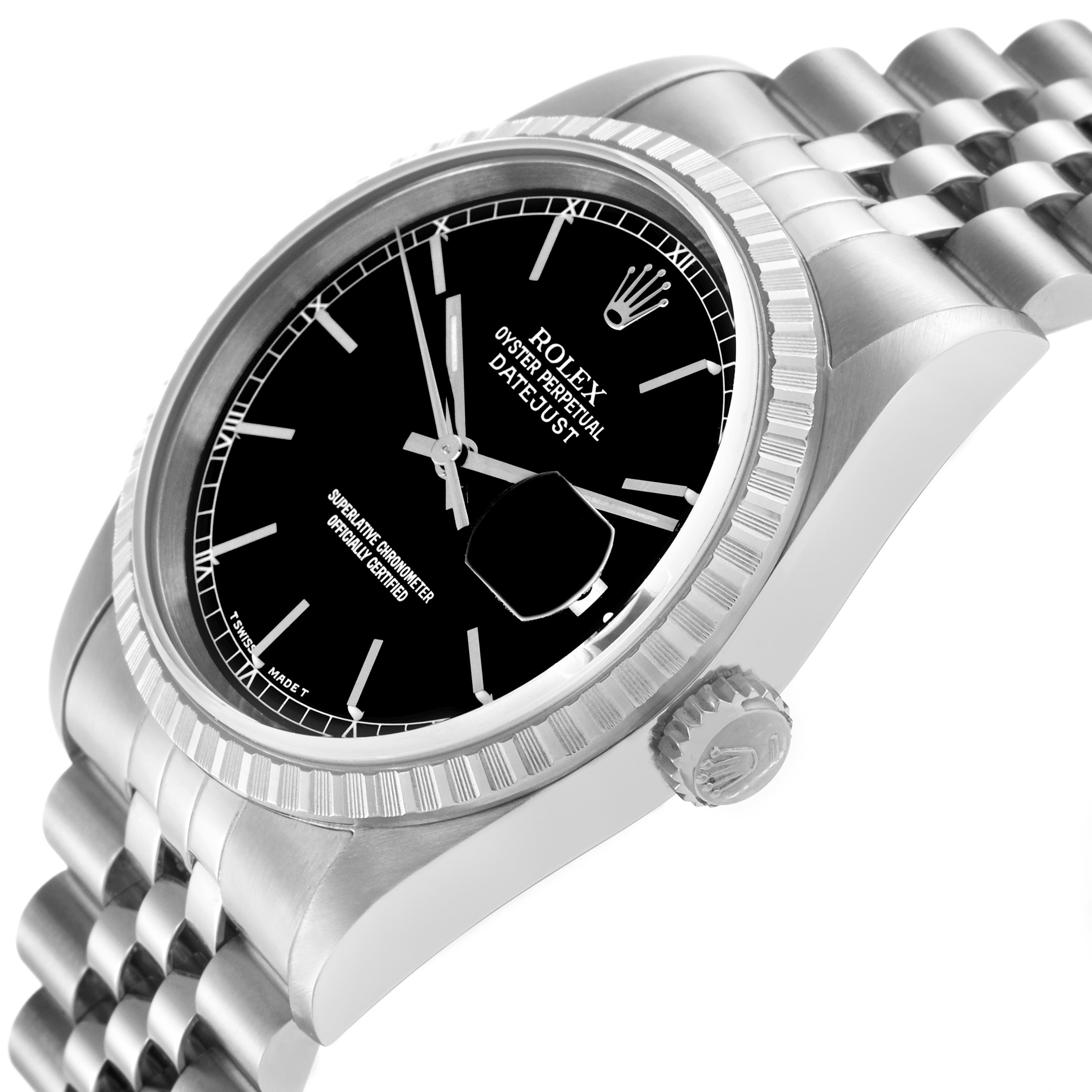 The Rolex Datejust 16220 Men
s Stainless Steel Black Dial 16220 Men
s Stainless Steel Black Dial watch is shown at an angled side view, highlighting the bezel, dial, crown, and bracelet.