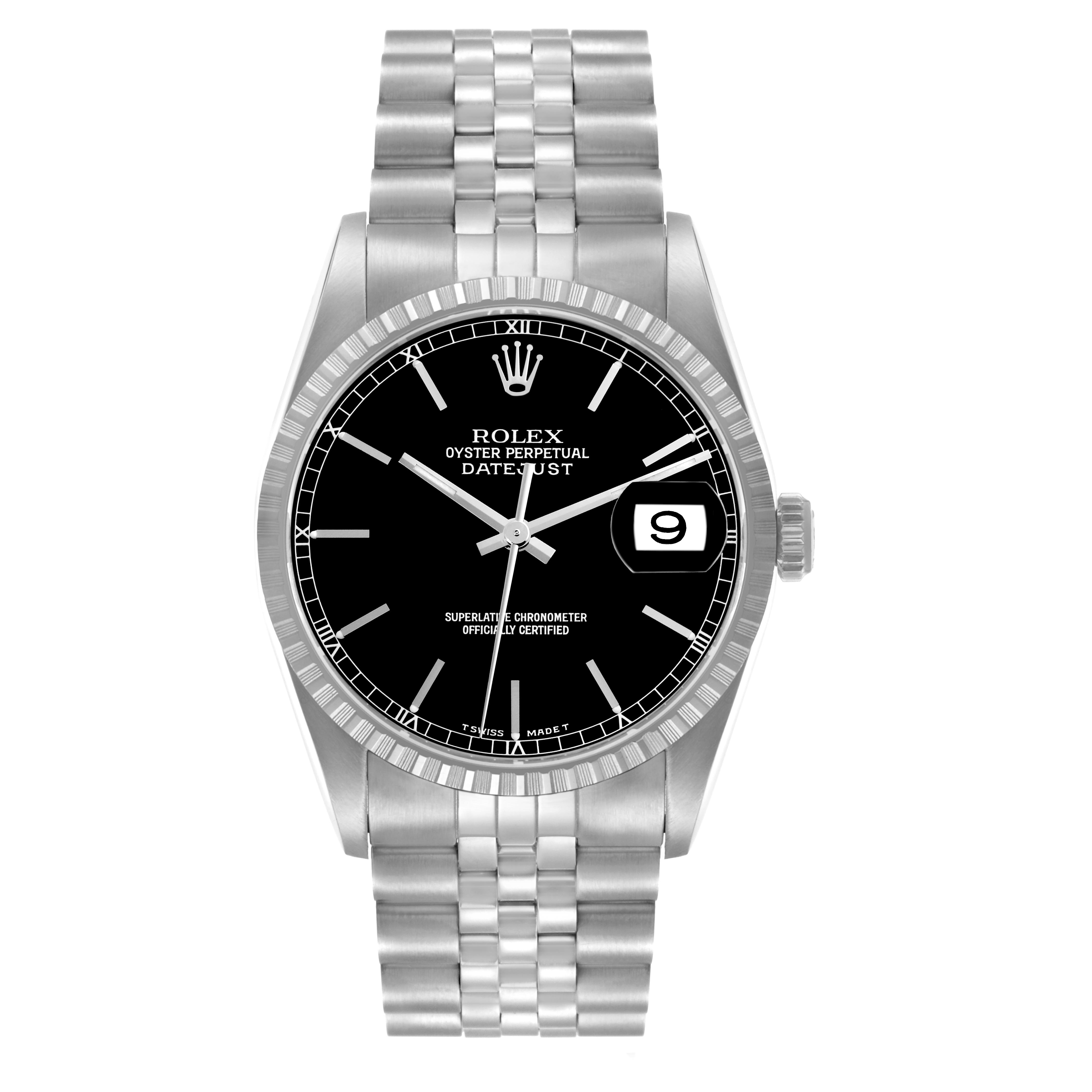 The image shows a front view of a Rolex Datejust 16220 Men
s Stainless Steel Black Dial 16220 Men
s Stainless Steel Black Dial watch with a black dial and silver Jubilee bracelet.