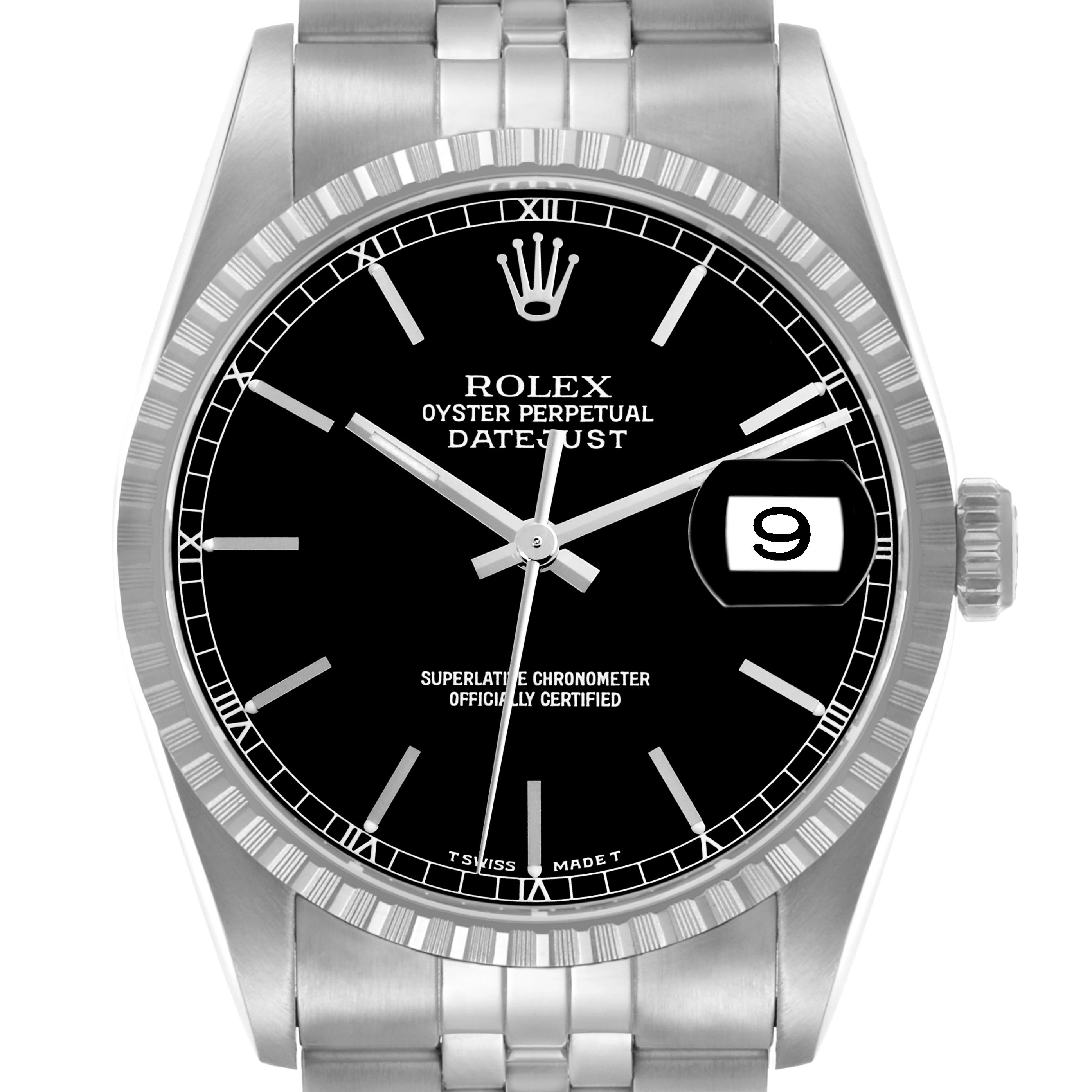 The Rolex Datejust 16220 Men
s Stainless Steel Black Dial 16220 Men
s Stainless Steel Black Dial watch is shown from the front, highlighting the dial, bezel, crown, and part of the bracelet.