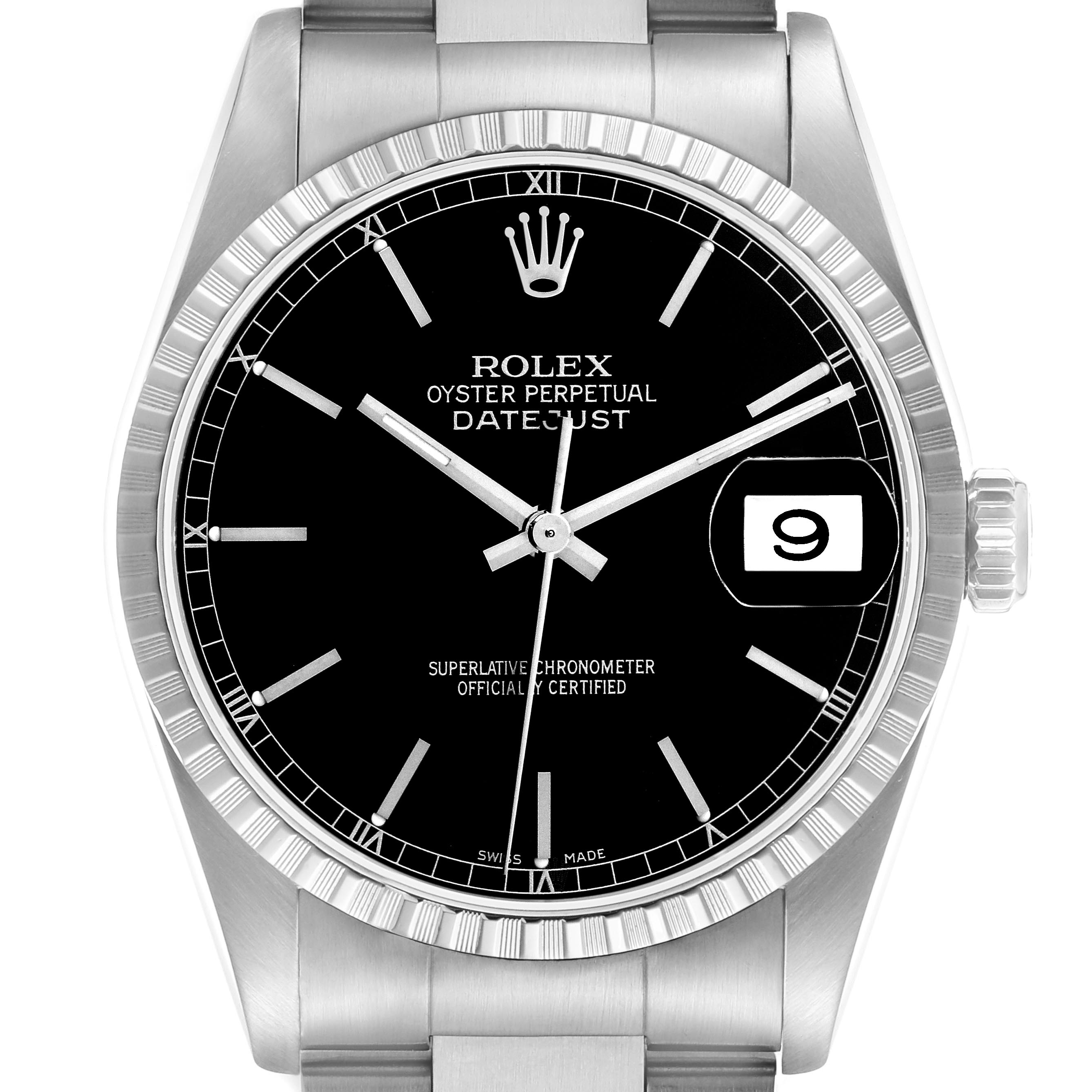 The Rolex Datejust 16220 Men
s Stainless Steel Black Dial 16220 Men
s Stainless Steel Black Dial watch is shown from the front, highlighting its black dial, fluted bezel, and date window.