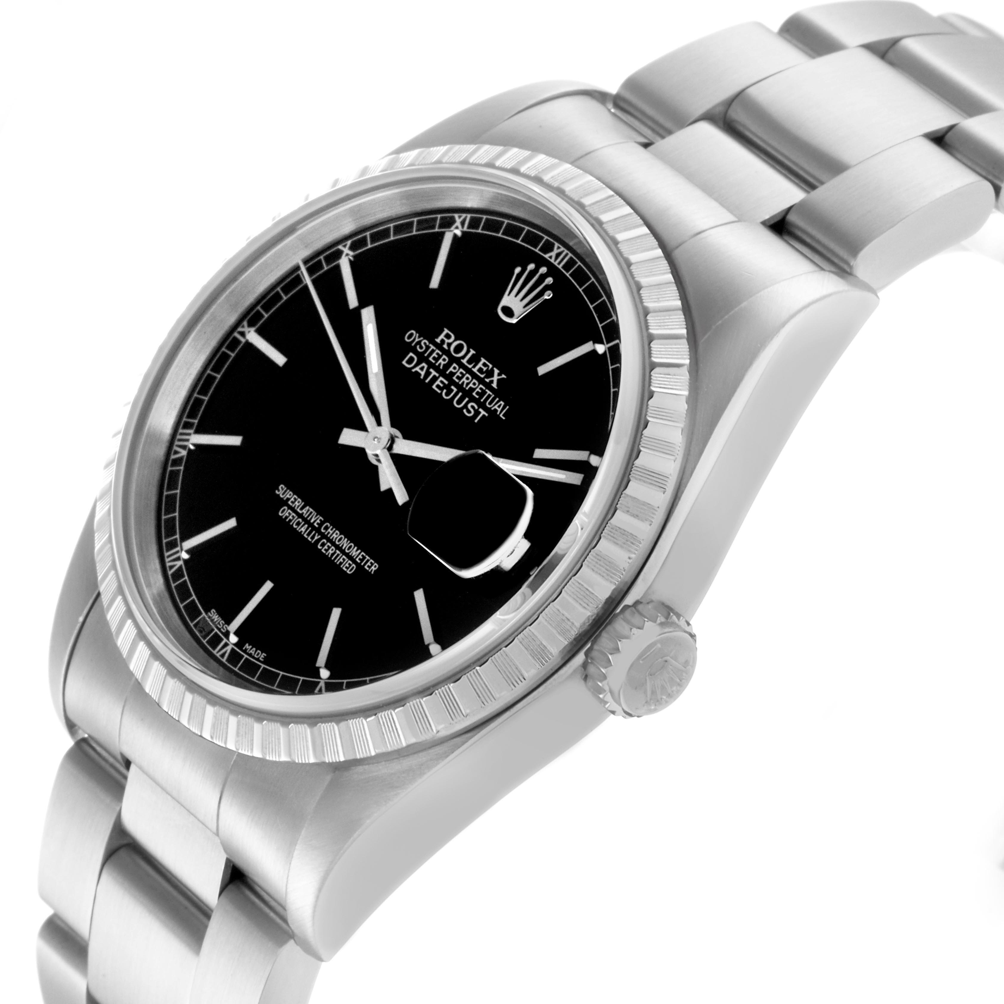 The Rolex Datejust 16220 Men
s Stainless Steel Black Dial 16220 Men
s Stainless Steel Black Dial watch is shown at a slight angle, displaying its face, bezel, crown, and part of the bracelet.