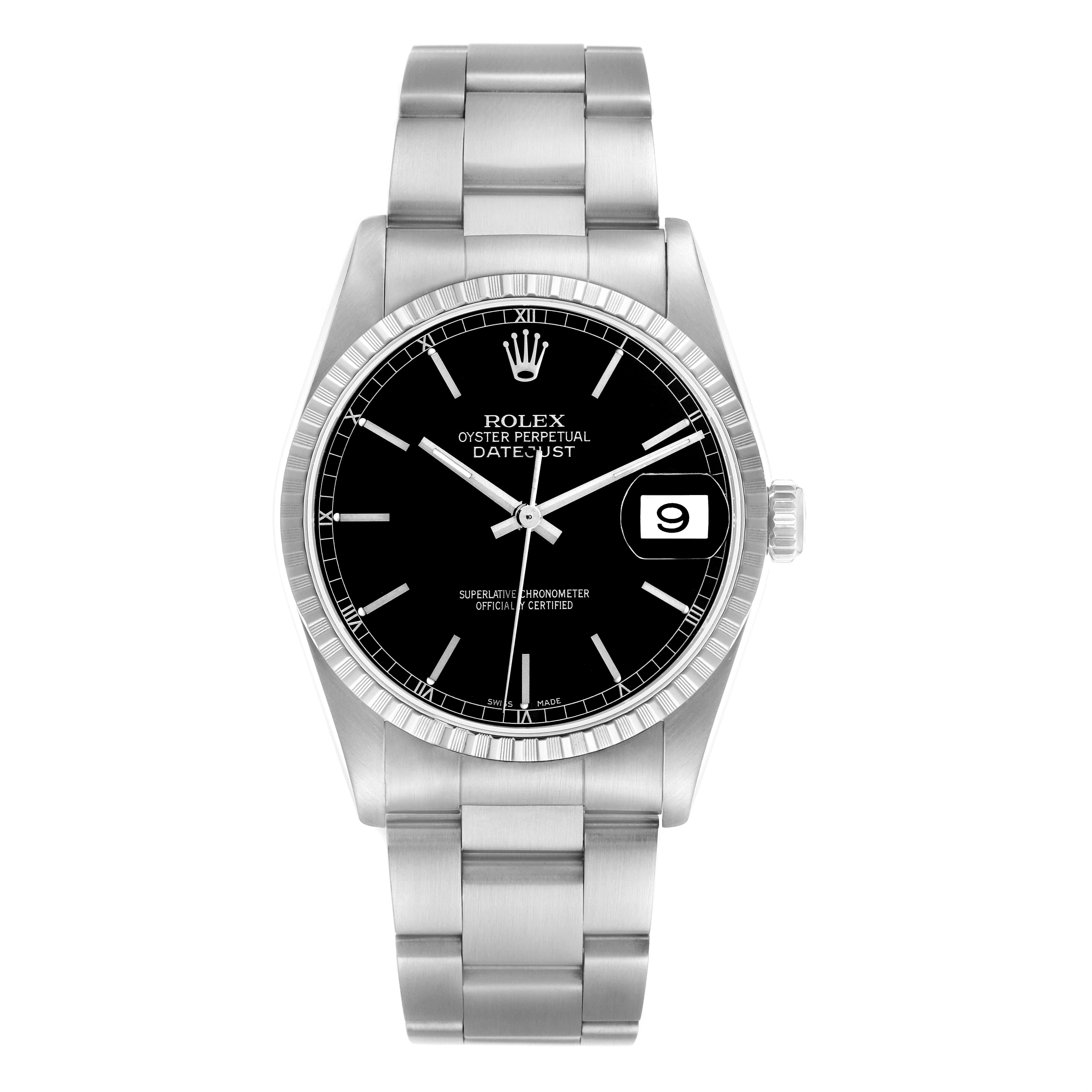 The Rolex Datejust 16220 Men
s Stainless Steel Black Dial 16220 Men
s Stainless Steel Black Dial watch is shown from the front, displaying the dial, bezel, bracelet, and date.