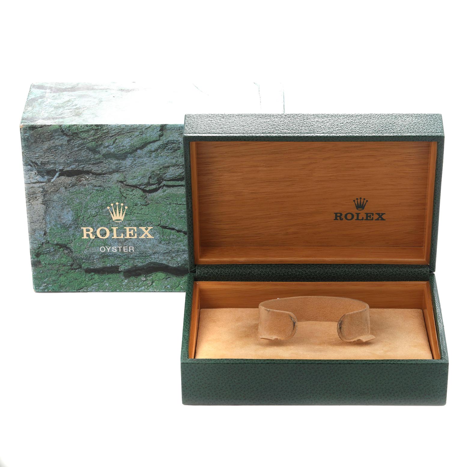 The image shows an open Rolex Datejust 16220 Men
s Stainless Steel Black Dial 16220 Men
s Stainless Steel Black Dial watch box and its outer packaging from a front angle.