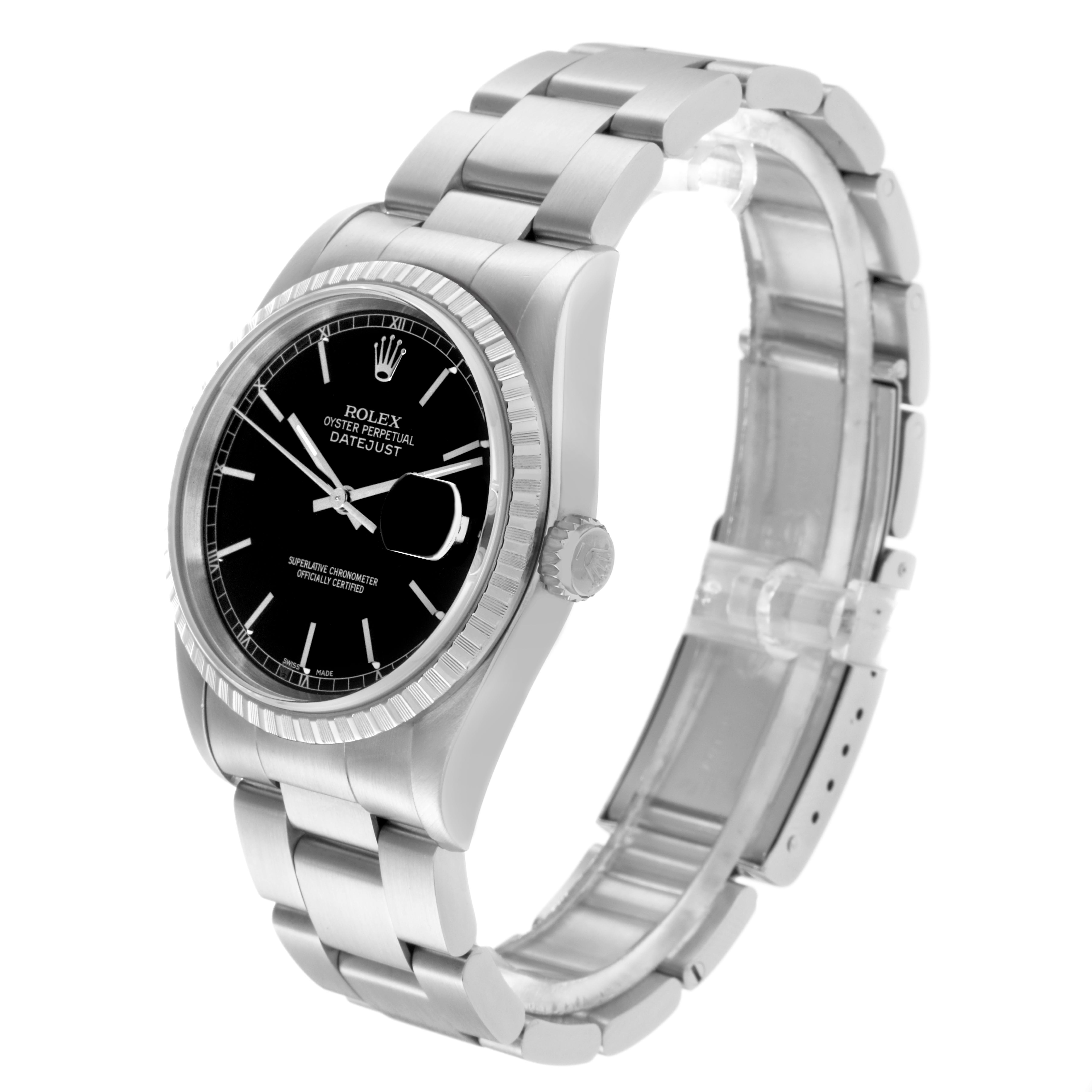 The image shows a Rolex Datejust 16220 Men
s Stainless Steel Black Dial 16220 Men
s Stainless Steel Black Dial watch at a three-quarter angle, displaying the dial, case, bracelet, bezel, and crown.