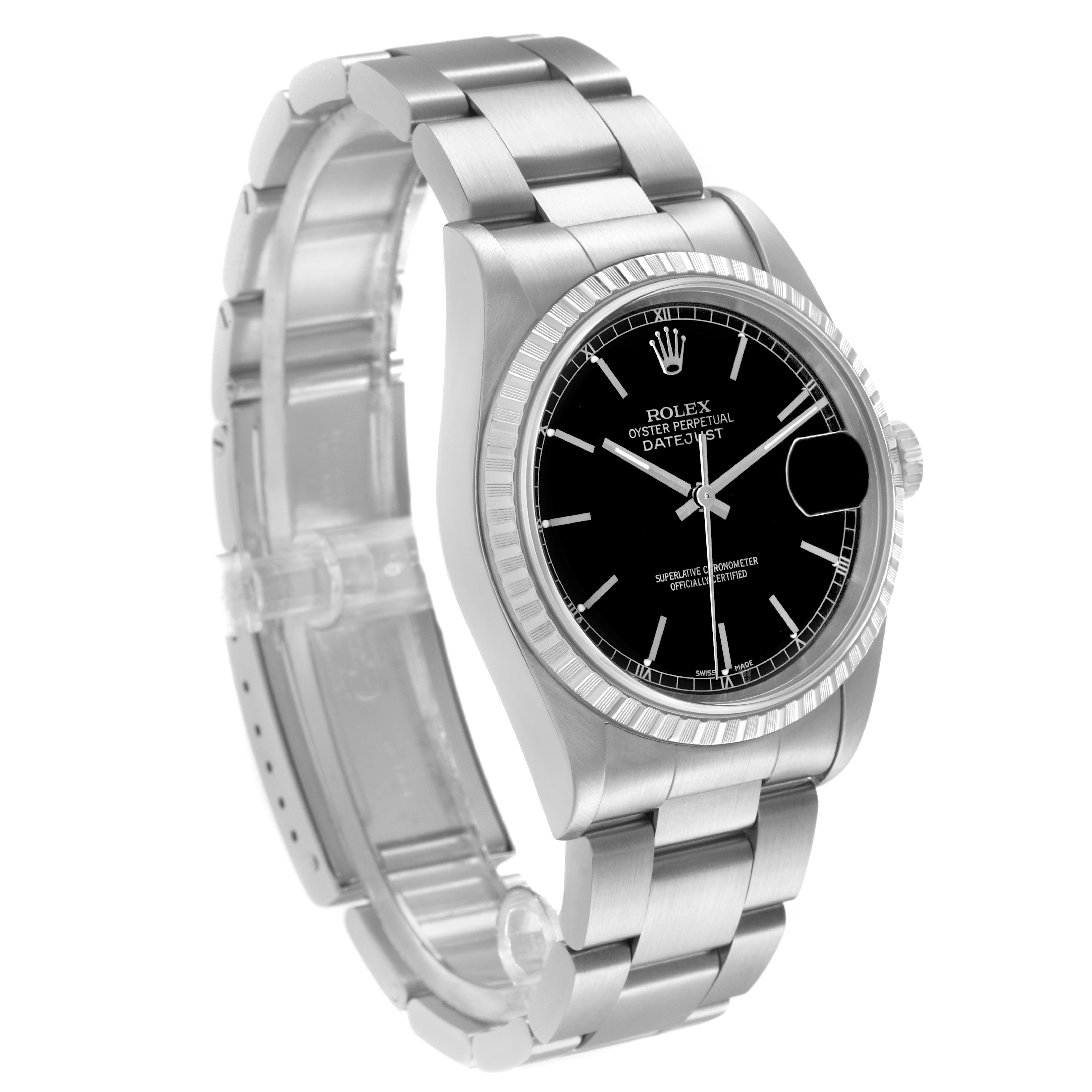 The Rolex Datejust 16220 Men
s Stainless Steel Black Dial 16220 Men
s Stainless Steel Black Dial watch is shown at a three-quarter angle, highlighting the bracelet, case, bezel, and dial.