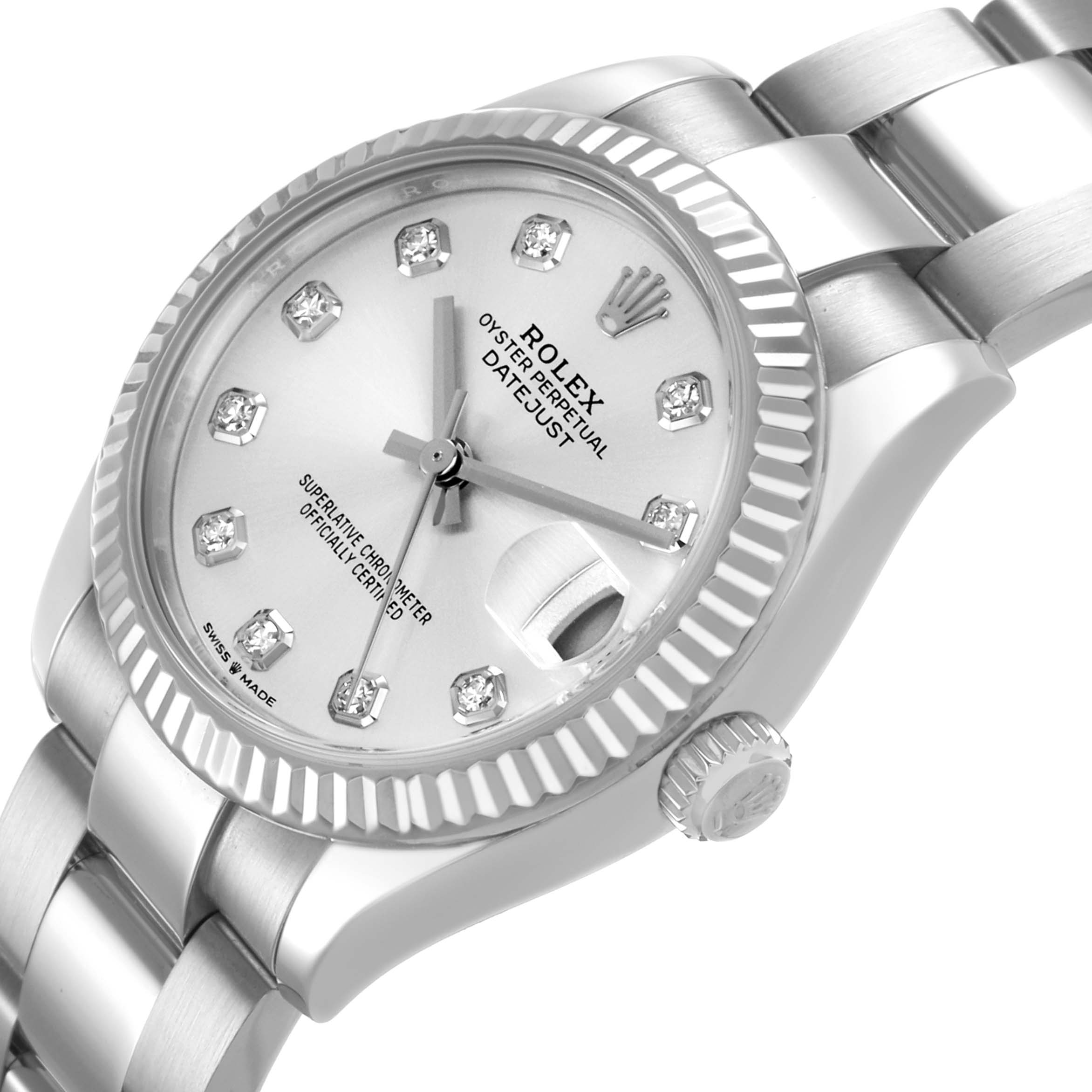 The image shows a Rolex Datejust 278274 Men's Stainless Steel Silver Dial watch at an angled close-up, highlighting the dial, bezel, crown, and part of the bracelet.
