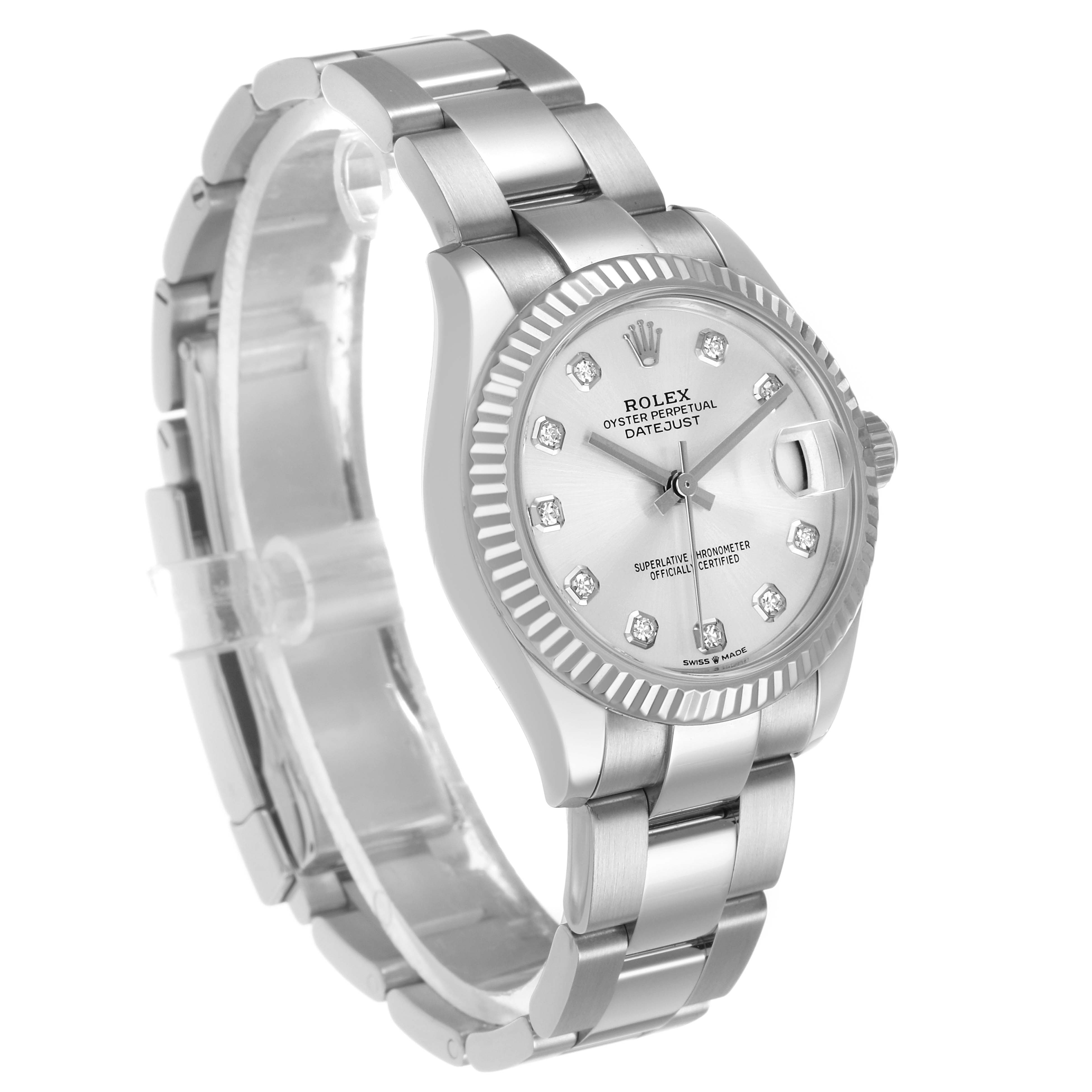The Rolex Datejust 278274 Men's Stainless Steel Silver Dial is shown at a three-quarter angle, displaying its dial, fluted bezel, bracelet, and crown.