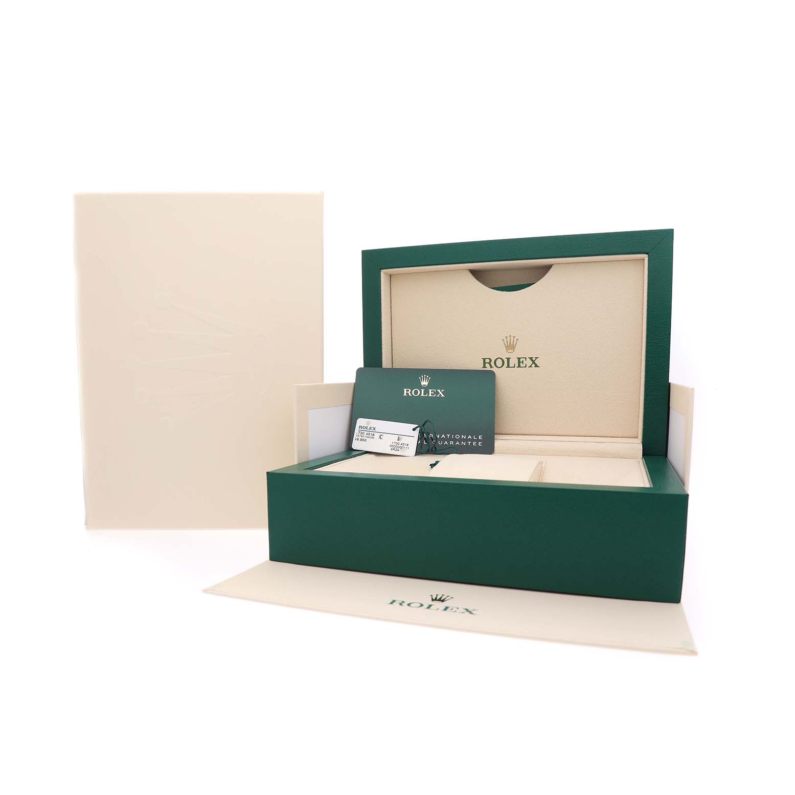 The image shows a Rolex Datejust 278274 Men's Stainless Steel Silver Dial watch box set with the open box, warranty card, and papers from a front angle.