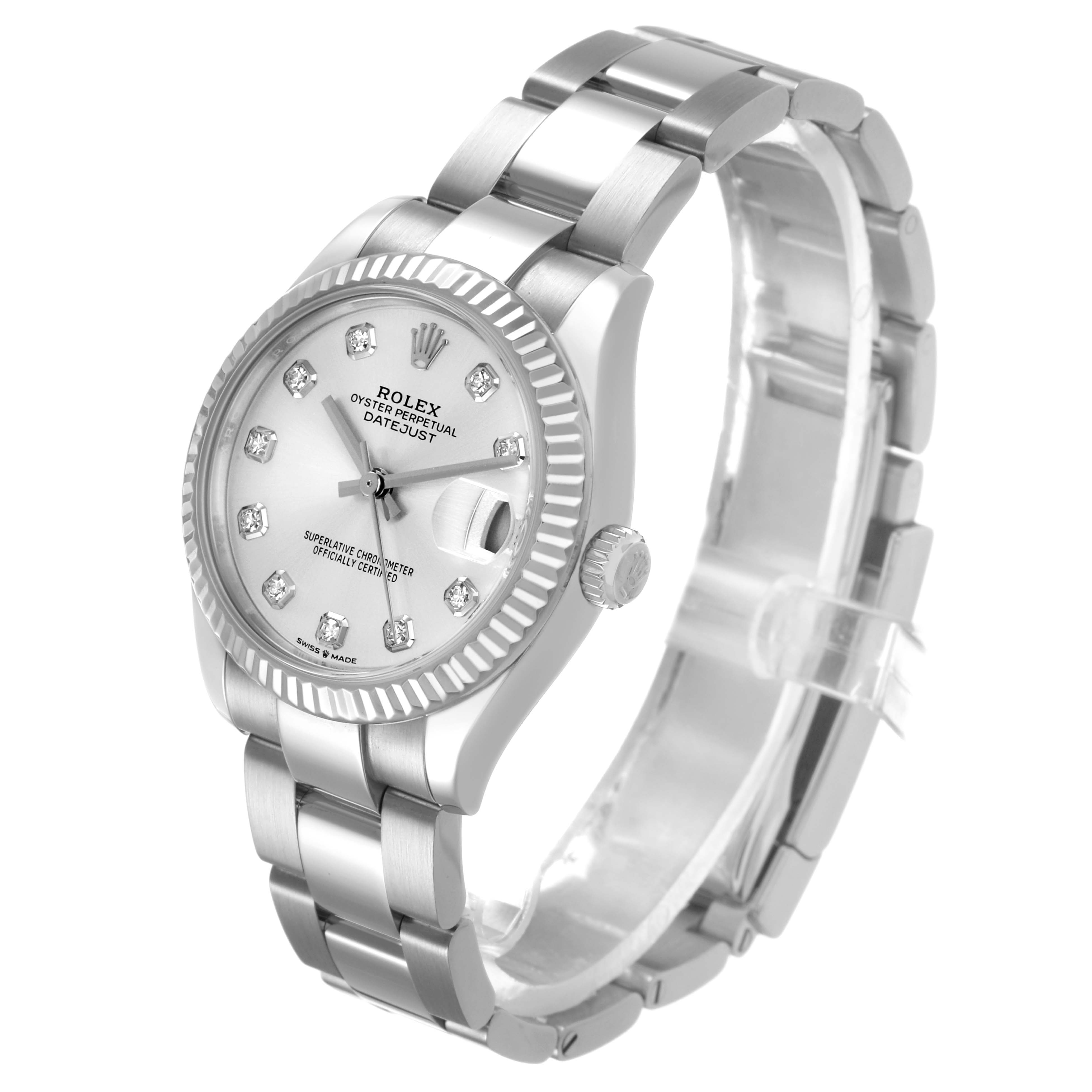 The Rolex Datejust 278274 Men's Stainless Steel Silver Dial watch is shown at a three-quarter angle, highlighting the dial, bezel, crown, and bracelet.