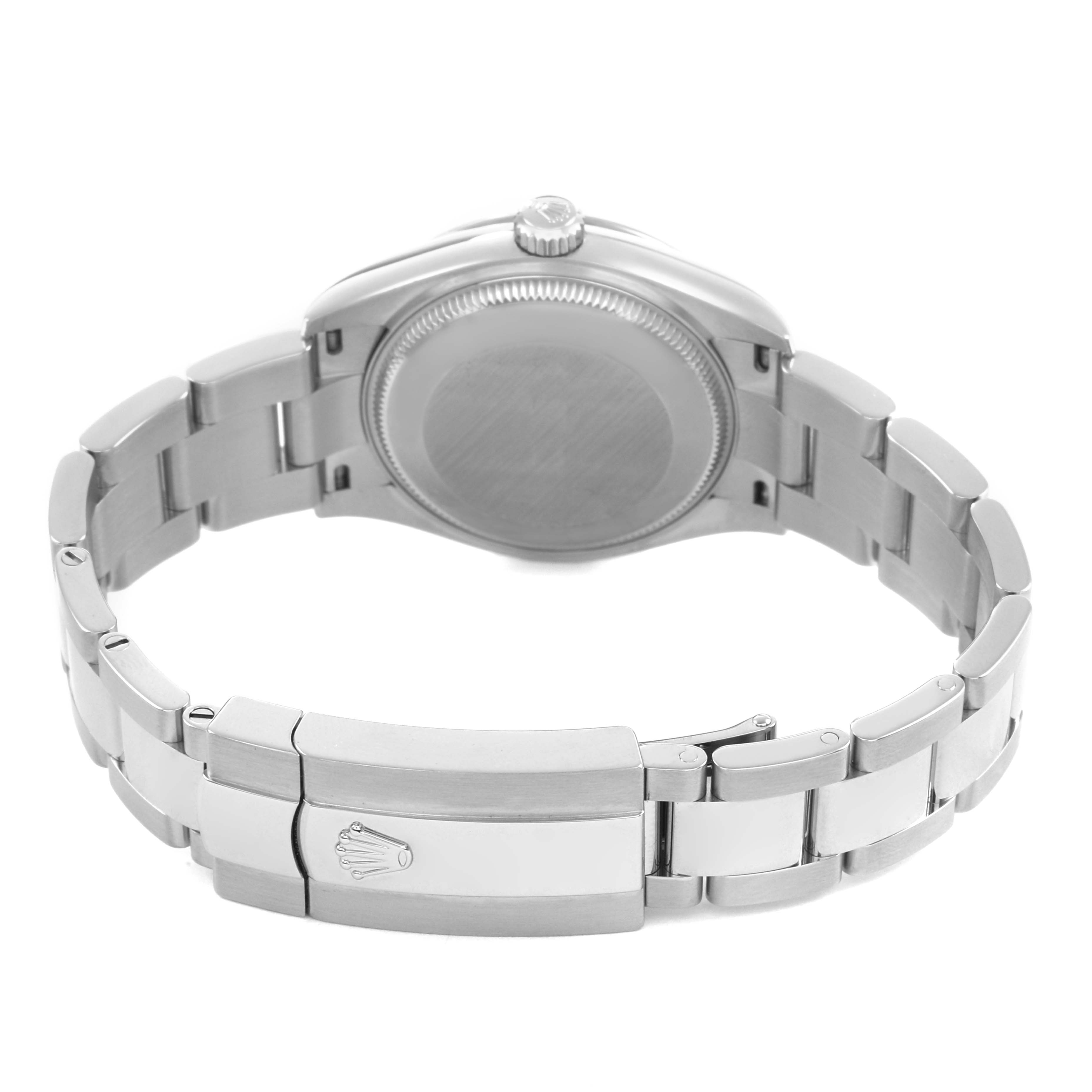 The image shows the back and clasp of a Rolex Datejust 278274 Men's Stainless Steel Silver Dial watch, highlighting the bracelet and rear case.