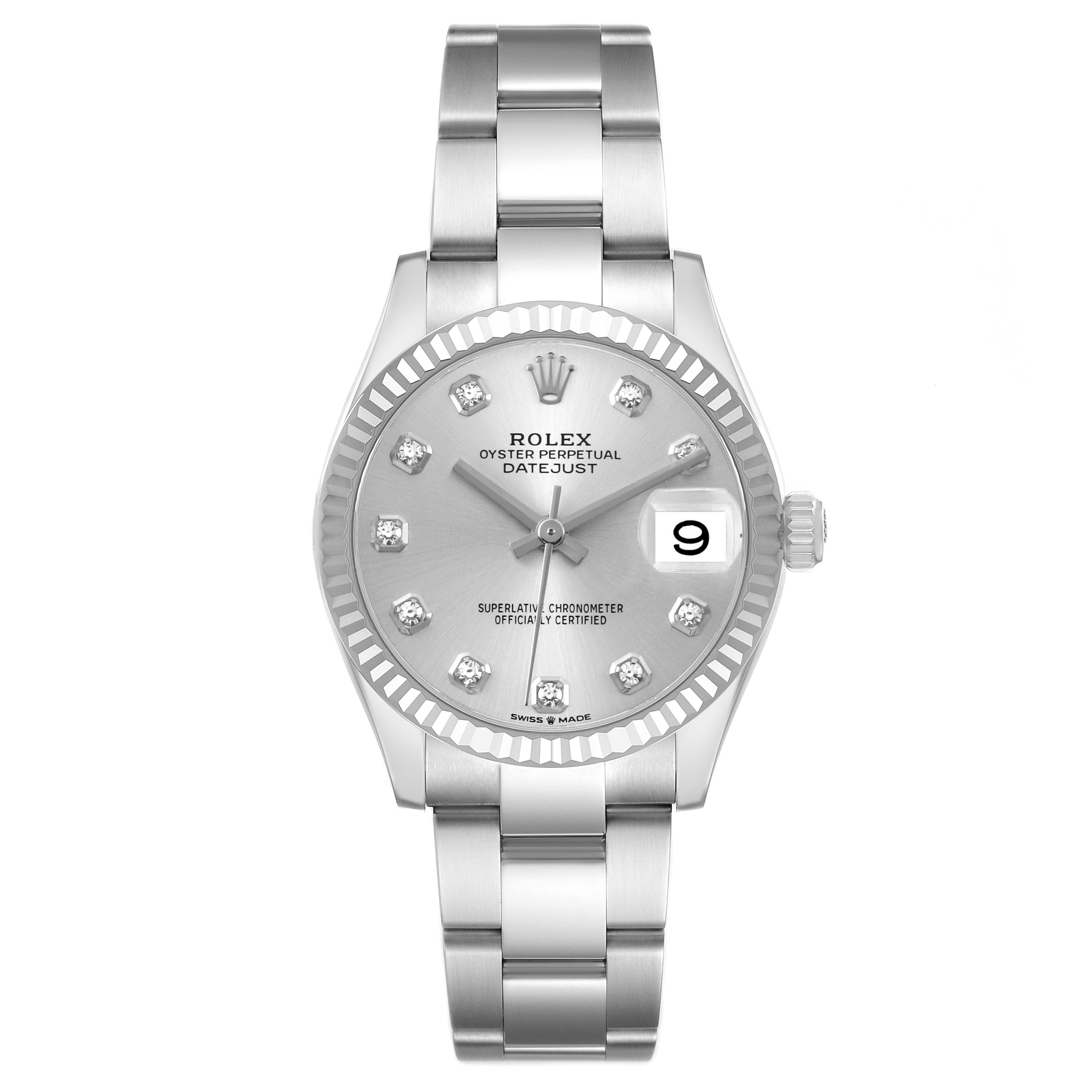 The Rolex Datejust 278274 Men's Stainless Steel Silver Dial watch is shown from the front, displaying the dial, bracelet, and fluted bezel.