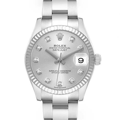 The Rolex Datejust 278274 Men's Stainless Steel Silver Dial watch is shown from a front angle, highlighting its dial, bezel, and bracelet.